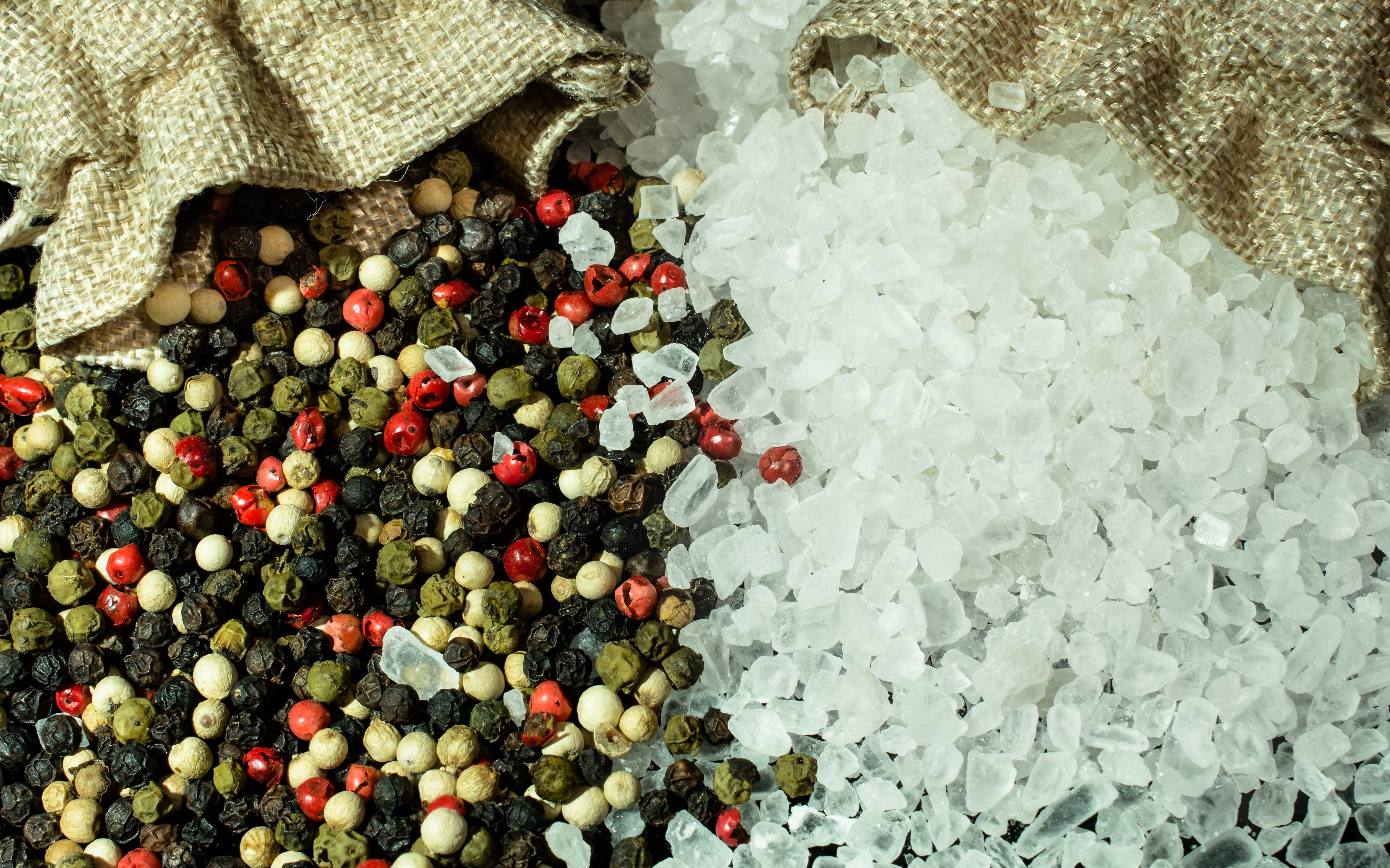 season, spice mix, food and drink, 4K, grains, red, colorful pepper, sharp, textile, brown, peppercorns, high angle view, sharpness, day, assorted, grains of salt, HD Wallpaper
