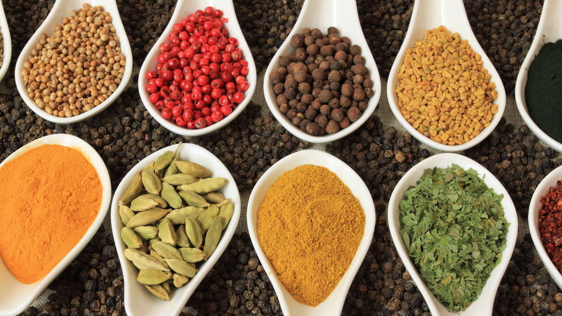 1080P, in a row, high angle view, healthy eating, indoors, still life, clove, bowl, Herbs and Spices, wellbeing, black peppercorn, ingredient, cardamom, HD Wallpaper