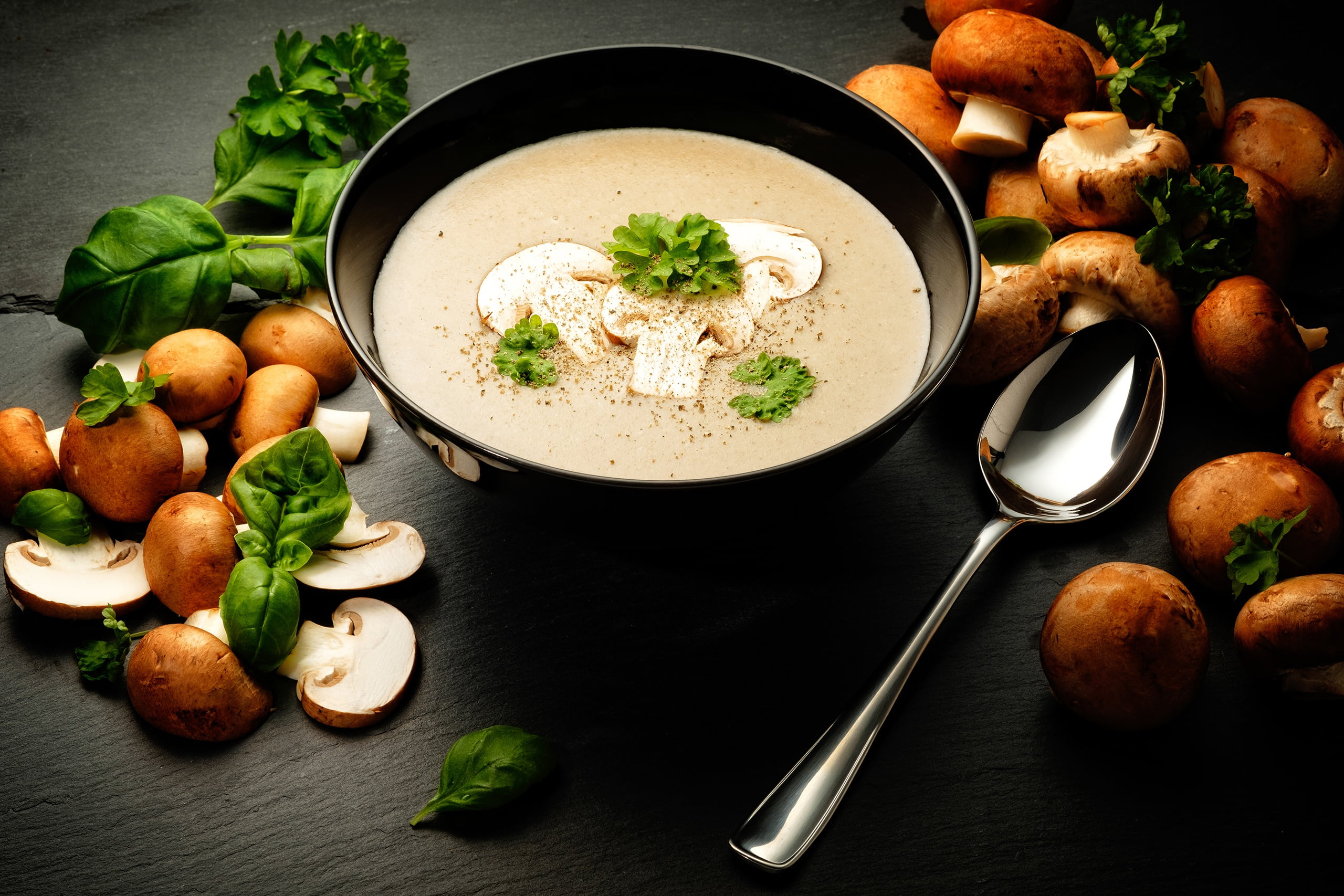 spoon, 2K, food, mushroom, soup, HD Wallpaper