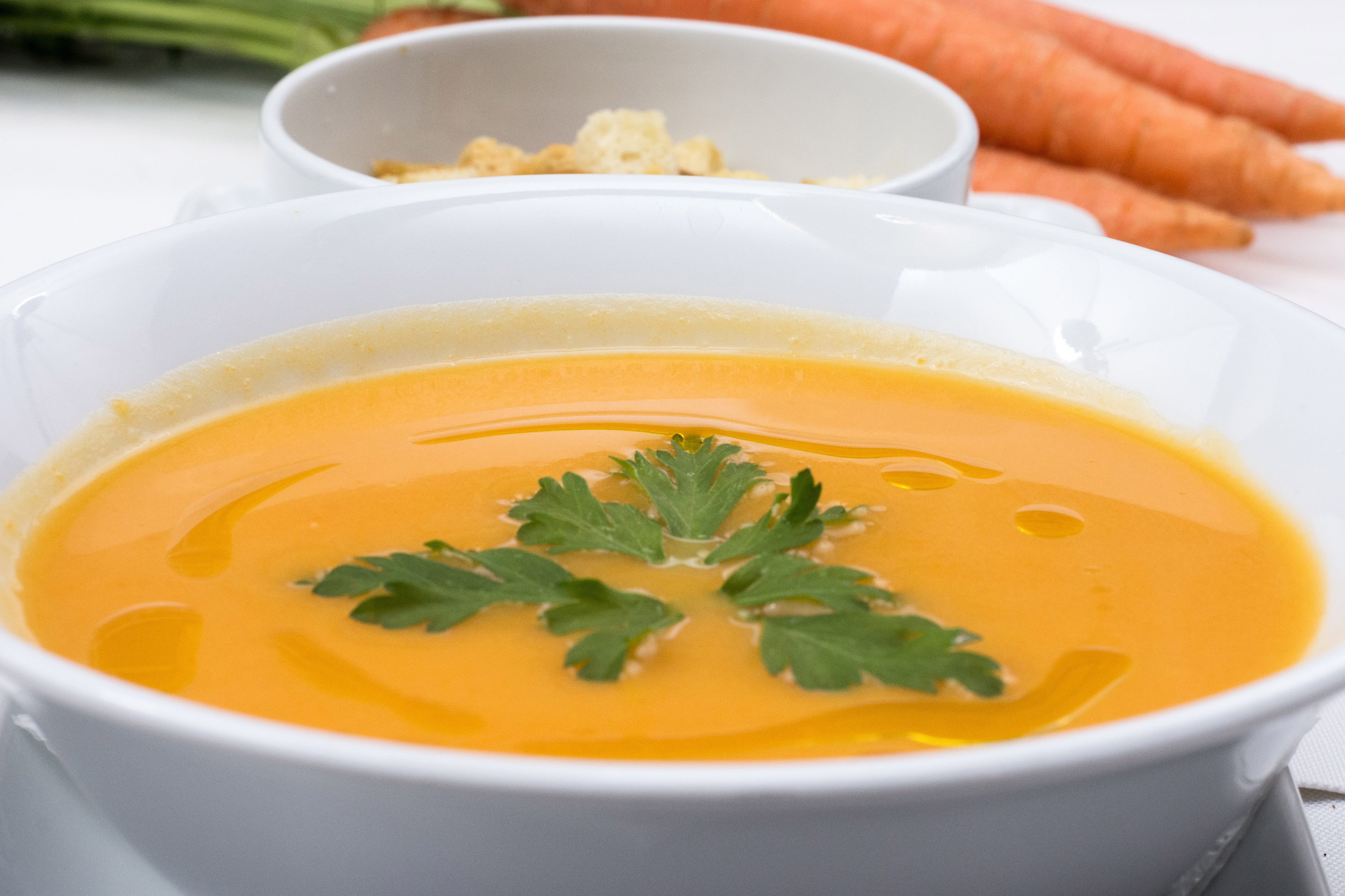 herb, heat - Temperature, vegetable soup, soup, Carrot soup, carrot, ready-to-eat, parsley, healthy, diet, indoors, vegetarian food, 4K, garnish, foods, HD Wallpaper