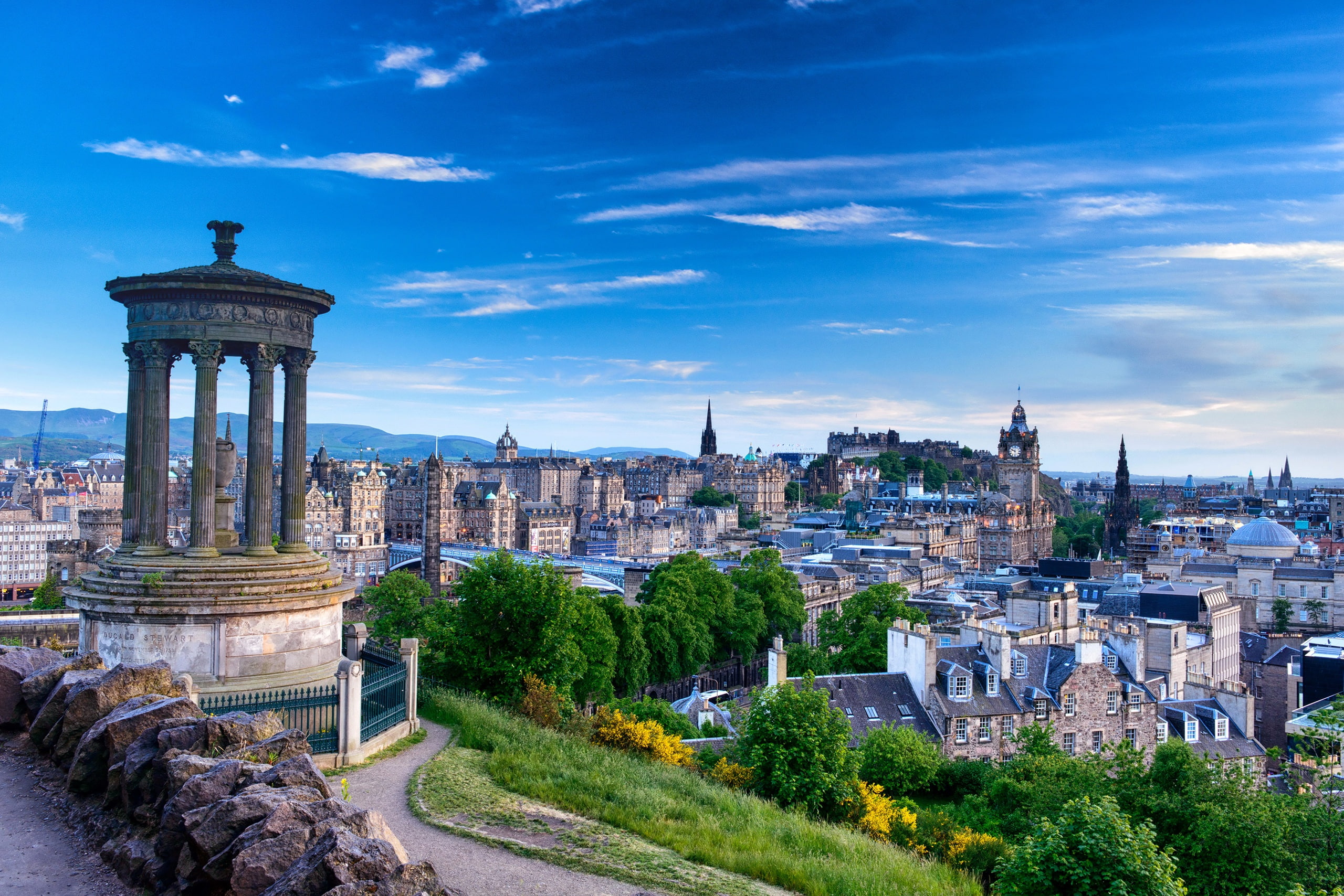 2K, stones, Dugald Stewart Monument, monument, Calton Hill, Edinburgh, clouds, trees, view, the sky, grass, panorama, home, Scotland, HD Wallpaper