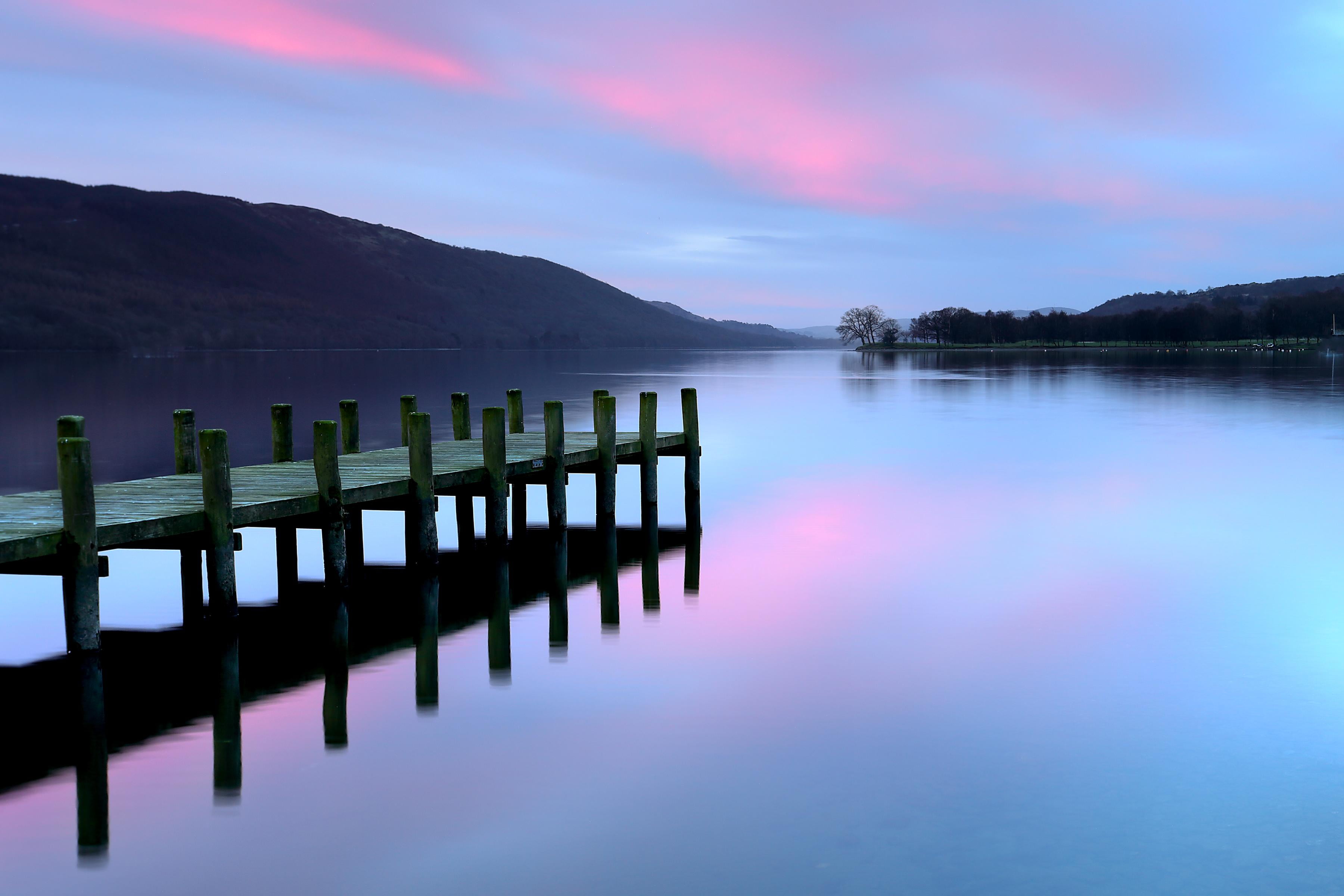 tranquil Scene, colour, dock, photography, scenics, Lake District, jetty, Dawn, nature, sunrise, lakes, outdoors, landscape, waterscape, water, lake, 2K, HD Wallpaper