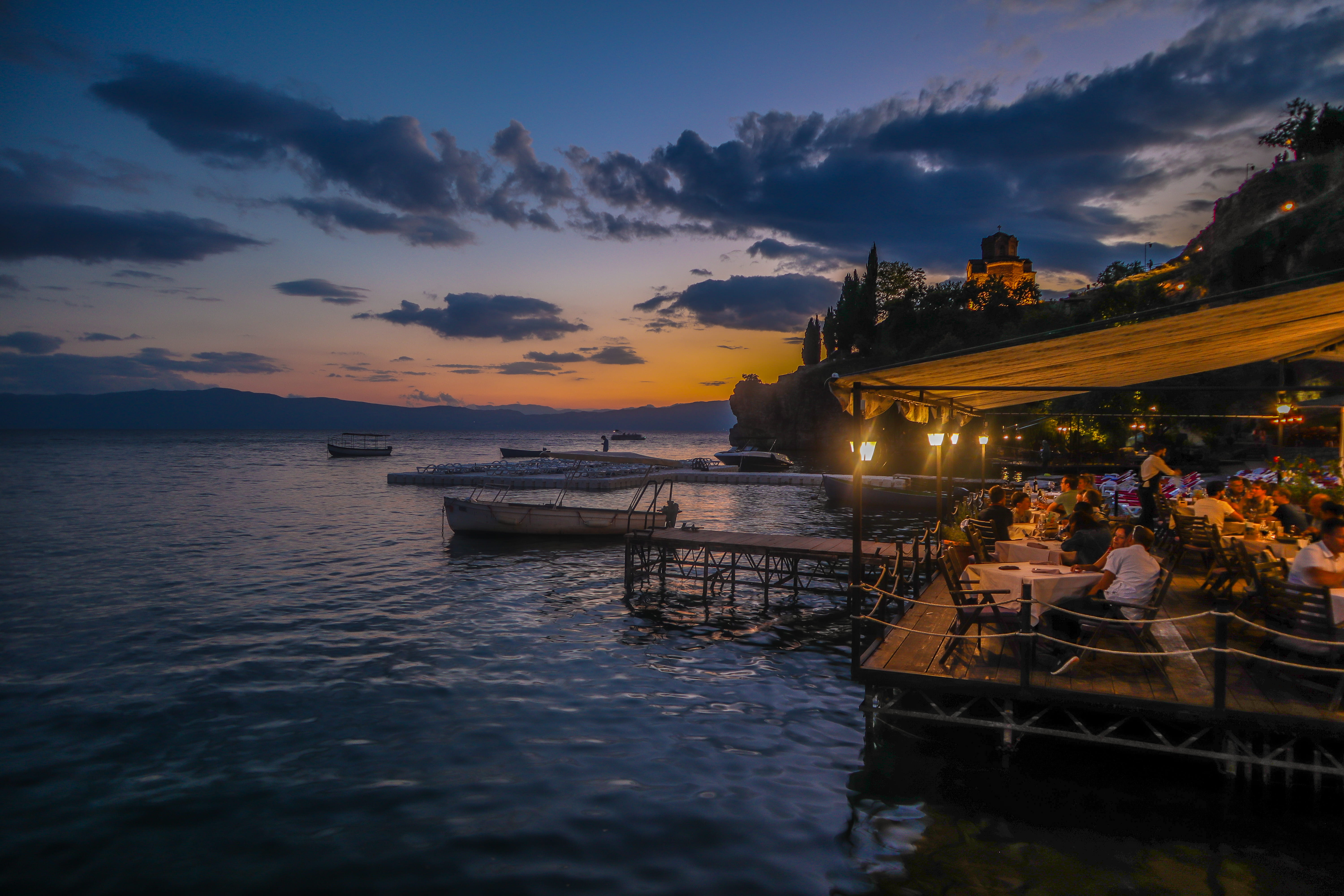 ohrid, group of people, body, people, dusk, real people, restaurant, beside, dawn, water, built structure, mode of transportation, sea, 5K, waterfront, HD Wallpaper