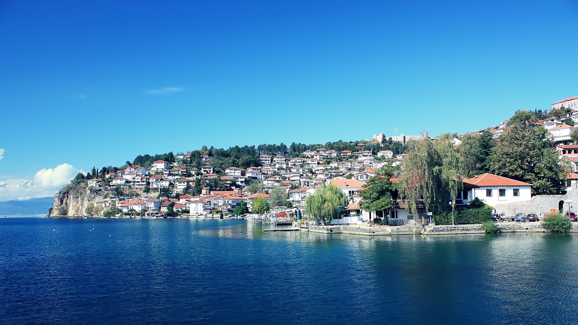 Ohrid, coast, Macedonia, lake, 1080P, town, cityscape, HD Wallpaper