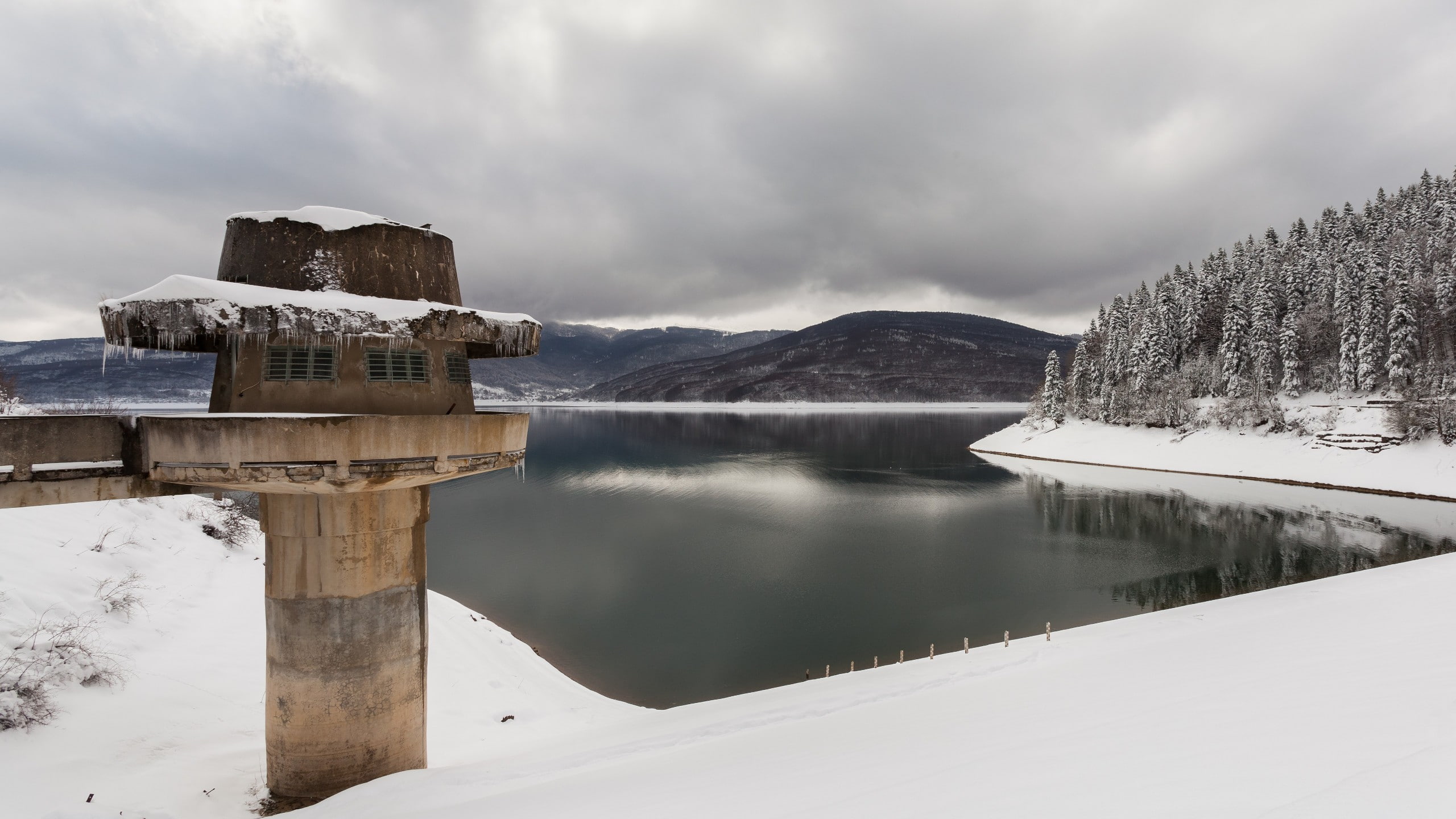 tower, tranquility, day, lake, winter, cold temperature, reflection, outdoors, no people, Macedonia, mountain range, sky, water, 2K, beauty in nature, HD Wallpaper