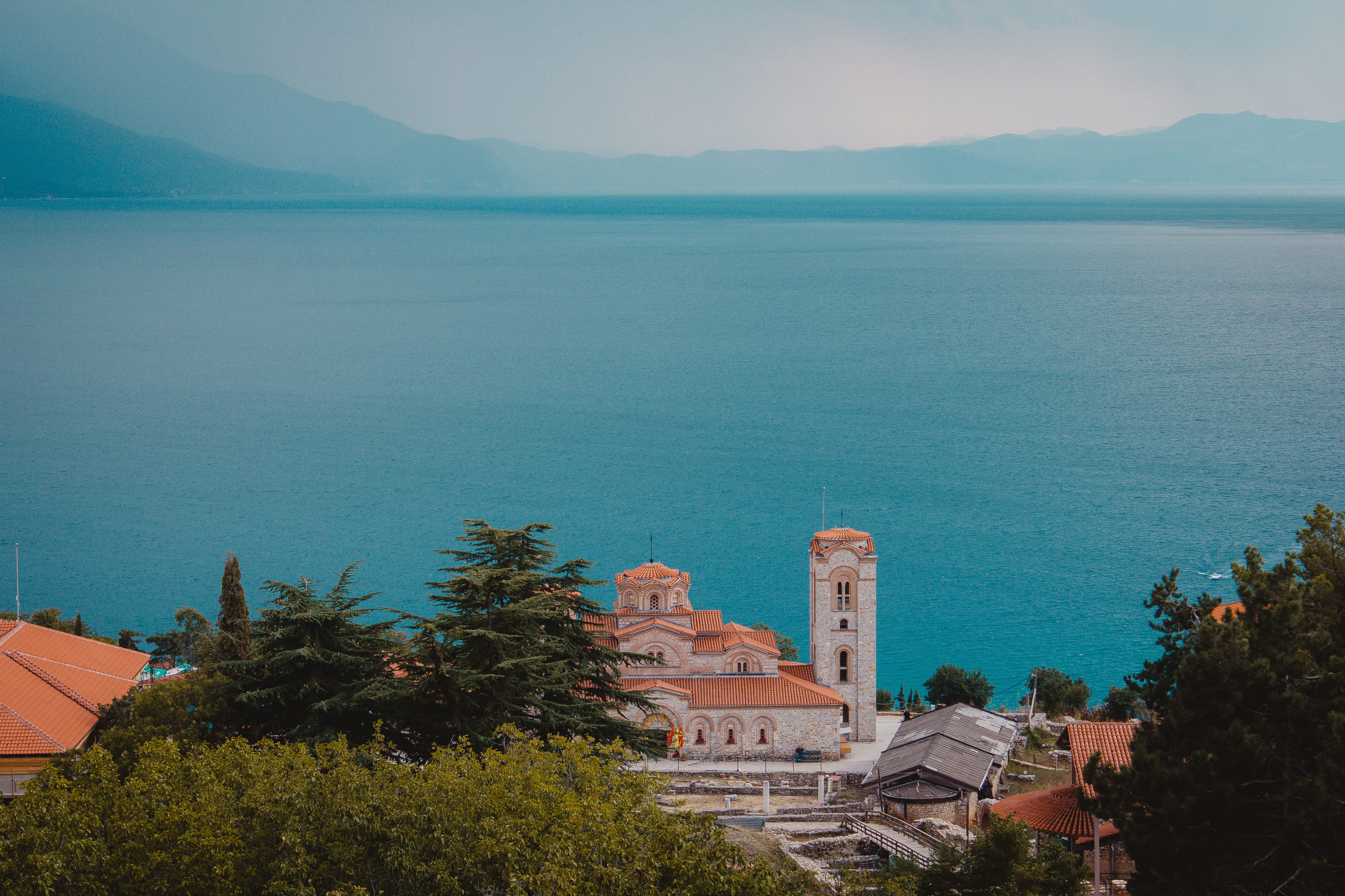 the past, blue, ohrid, day, summer, sky, 5K, nature, travel destinations, religion, mountain, no people, bright, lake, building, beautiful, tree, architecture, HD Wallpaper