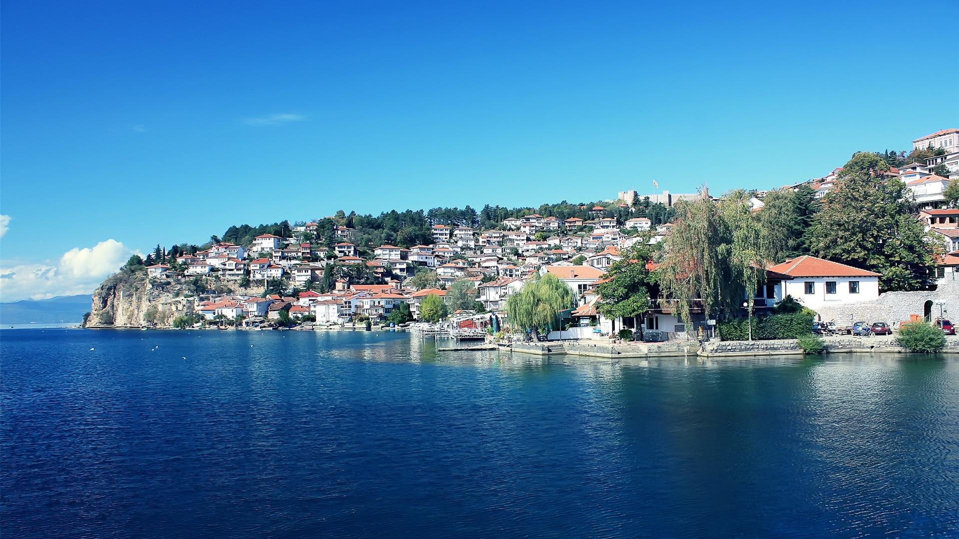lake, town, 1080P, trees, ohrid, fort, nature and landscapes, hills, macedonia, HD Wallpaper
