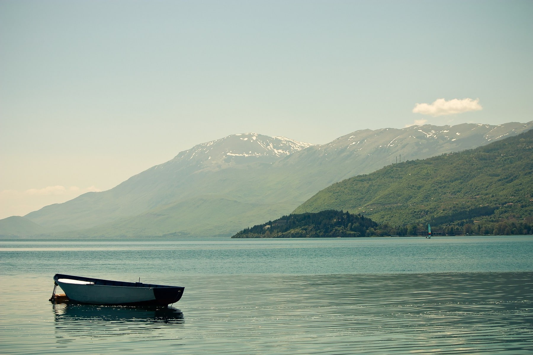 travel, no people, mode of transportation, mountain range, ohrid lake macedonia mountain, outdoors, cloud - sky, nautical vessel, 720P, transportation, HD Wallpaper