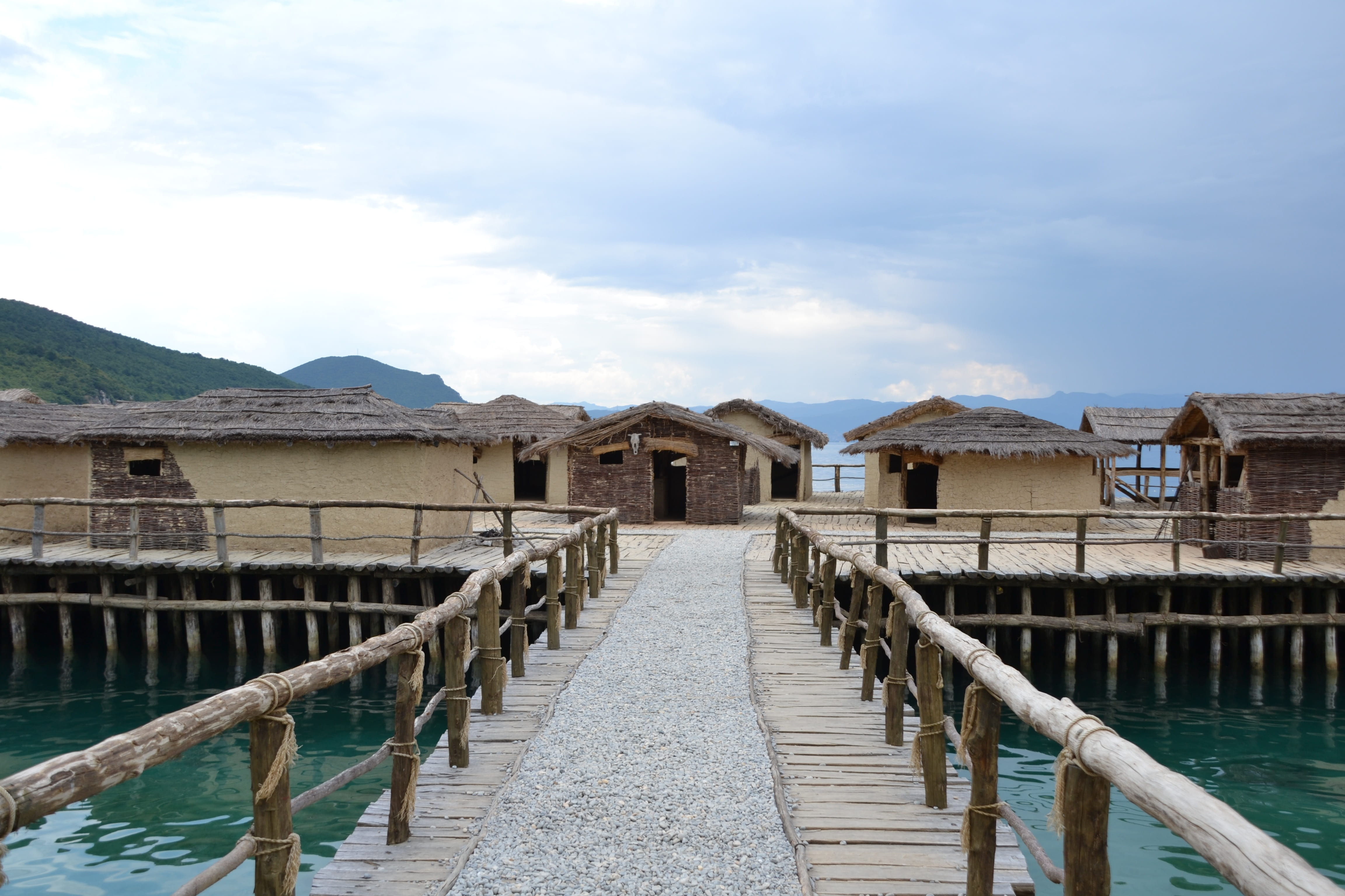 connection, 4K, outdoors, wood - material, Water, Ohrid, building, wooden post, sky, travel destinations, building exterior, diminishing perspective, mountain, HD Wallpaper