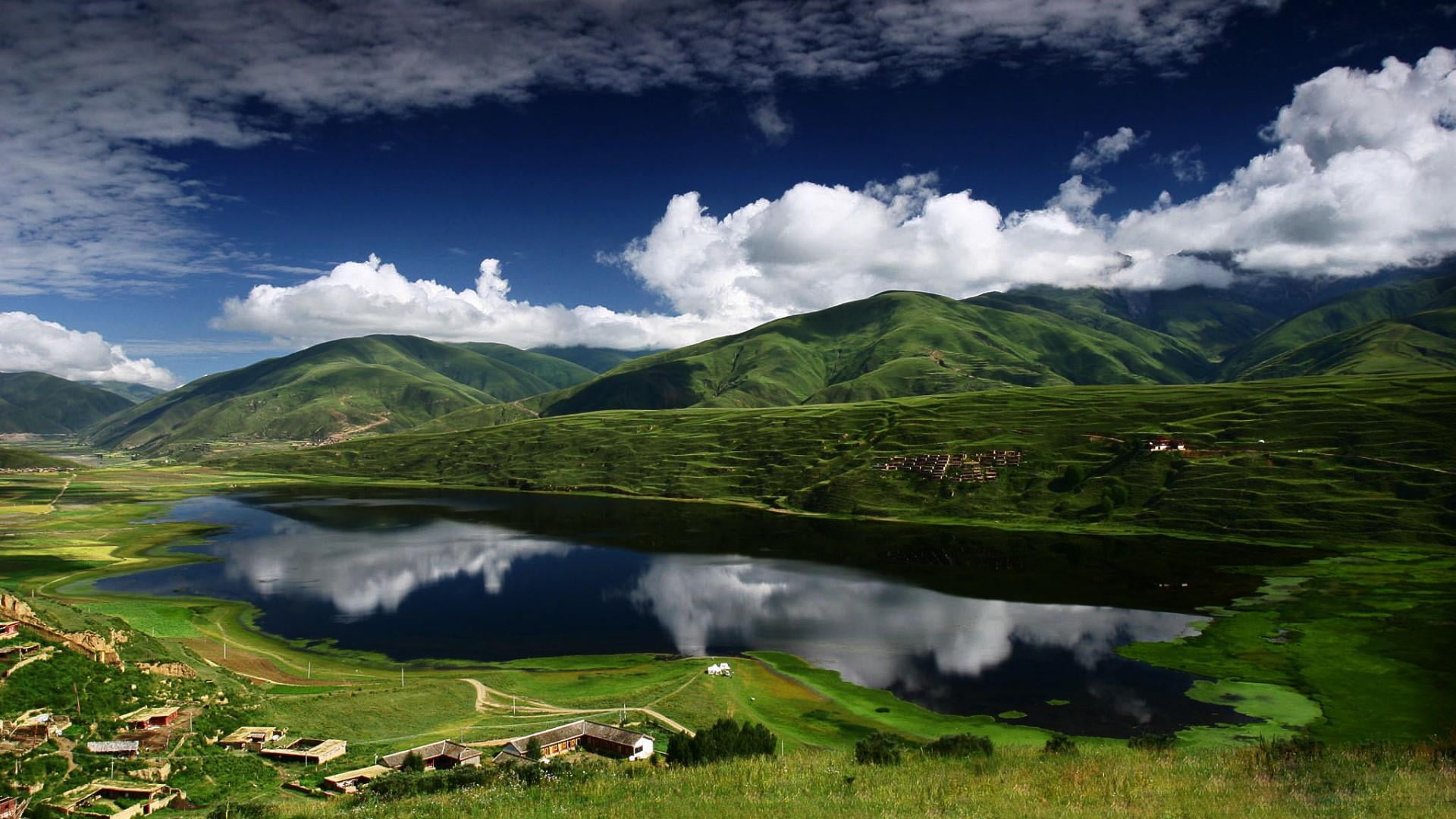 wilderness, lake, highland, cloud - sky, water, mountain, landscape, reflection, outdoors, cloud, ganzi, mountain range, luhuo, garze, sky, green color, HD Wallpaper