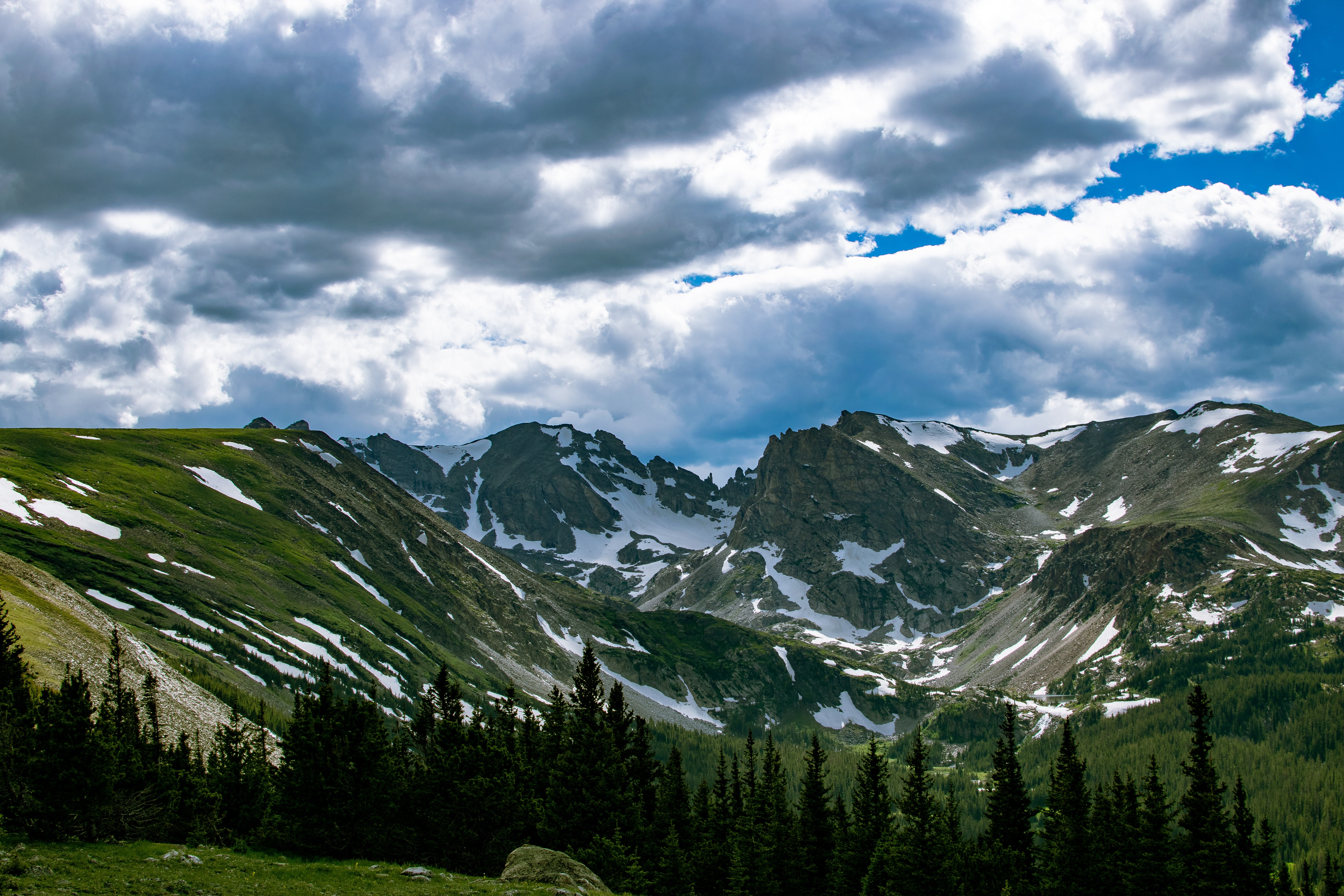 nature, forest, rock, landscape, Mountain Chiliad, mountain top, clouds, 5K, daylight, sky, mountain pass, trees, HD Wallpaper