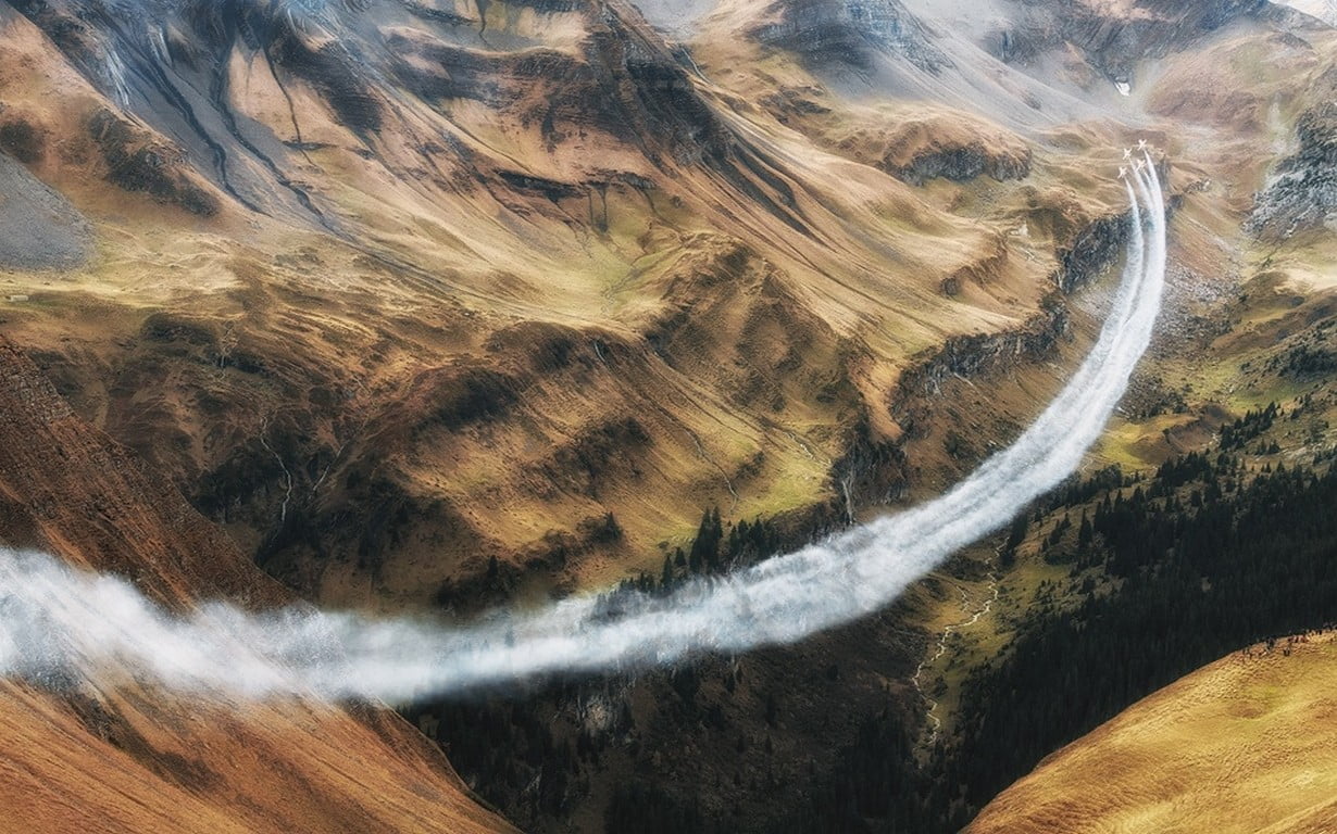 environment, land, nature, landscape, Alps, high angle view, tranquil scene, airplane, mountain pass, smoke, non-urban scene, mountains, valley, aerial view, HD Wallpaper