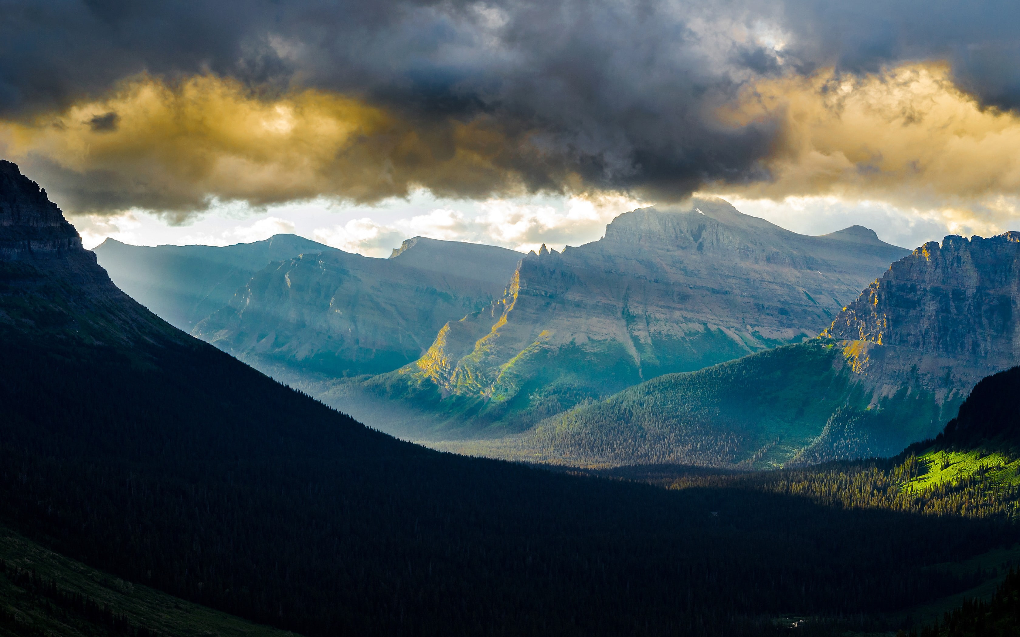 sun rays, summer, Glacier National Park, clouds, mist, landscape, mountain pass, nature, 2K, sunset, forest, HD Wallpaper