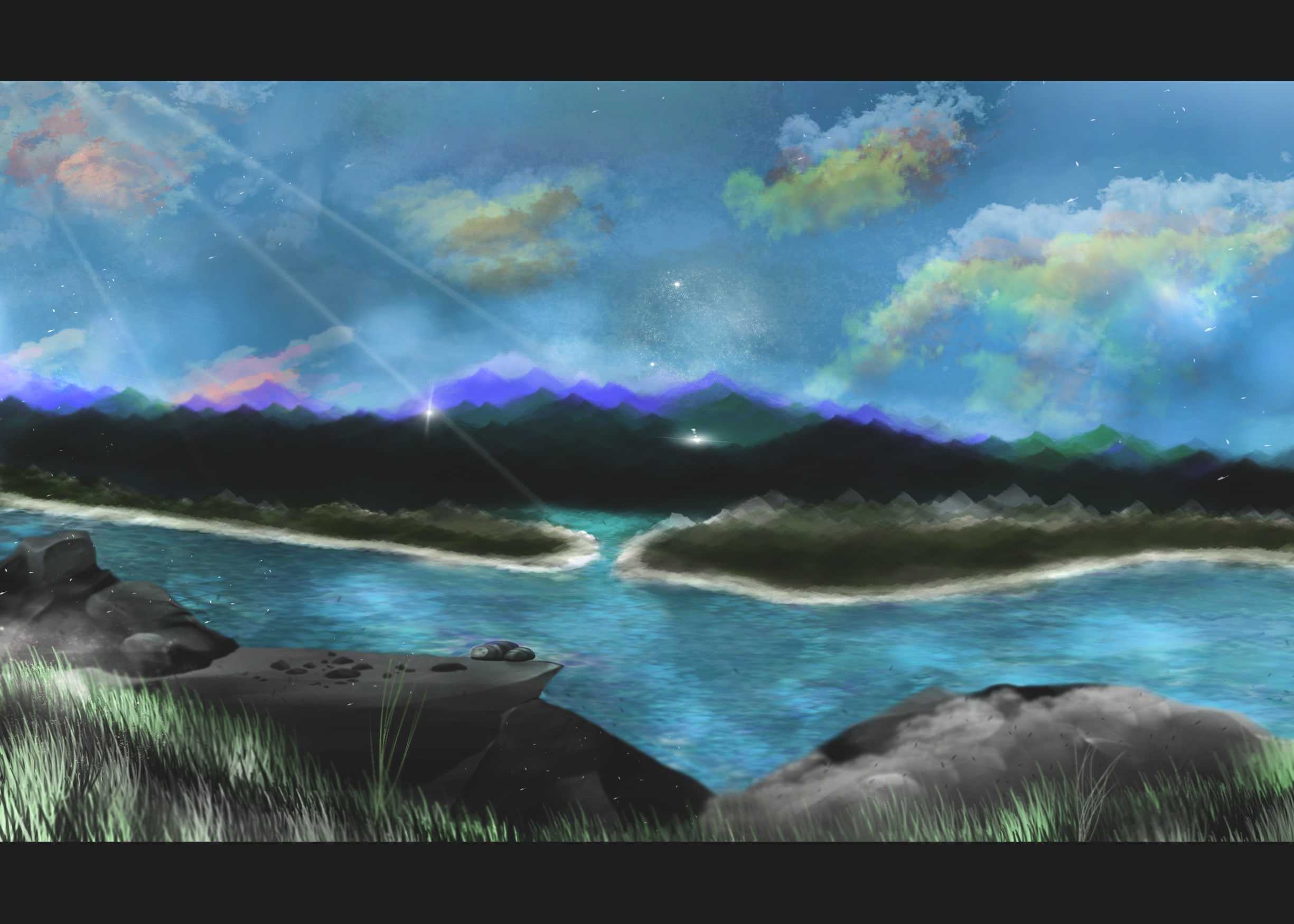 1080P, mountain pass, grass, top view, Pacific Ocean, water, clouds, HD Wallpaper