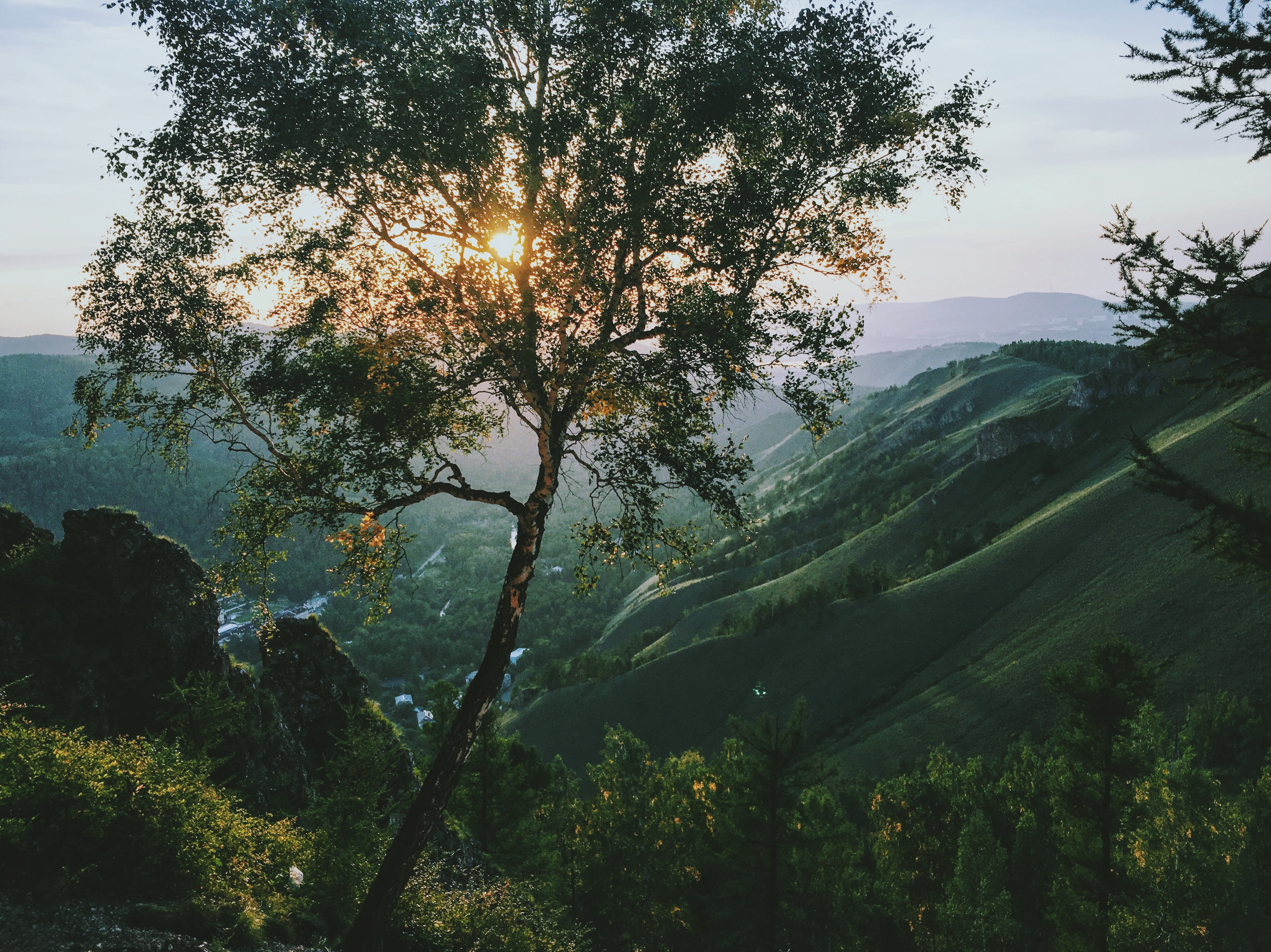 far view, mountain, landscape, scenics - nature, sunset, green color, mountain pass, sunlight, environment, valley, no people, nature, idyllic, trees, tranquility, HD Wallpaper