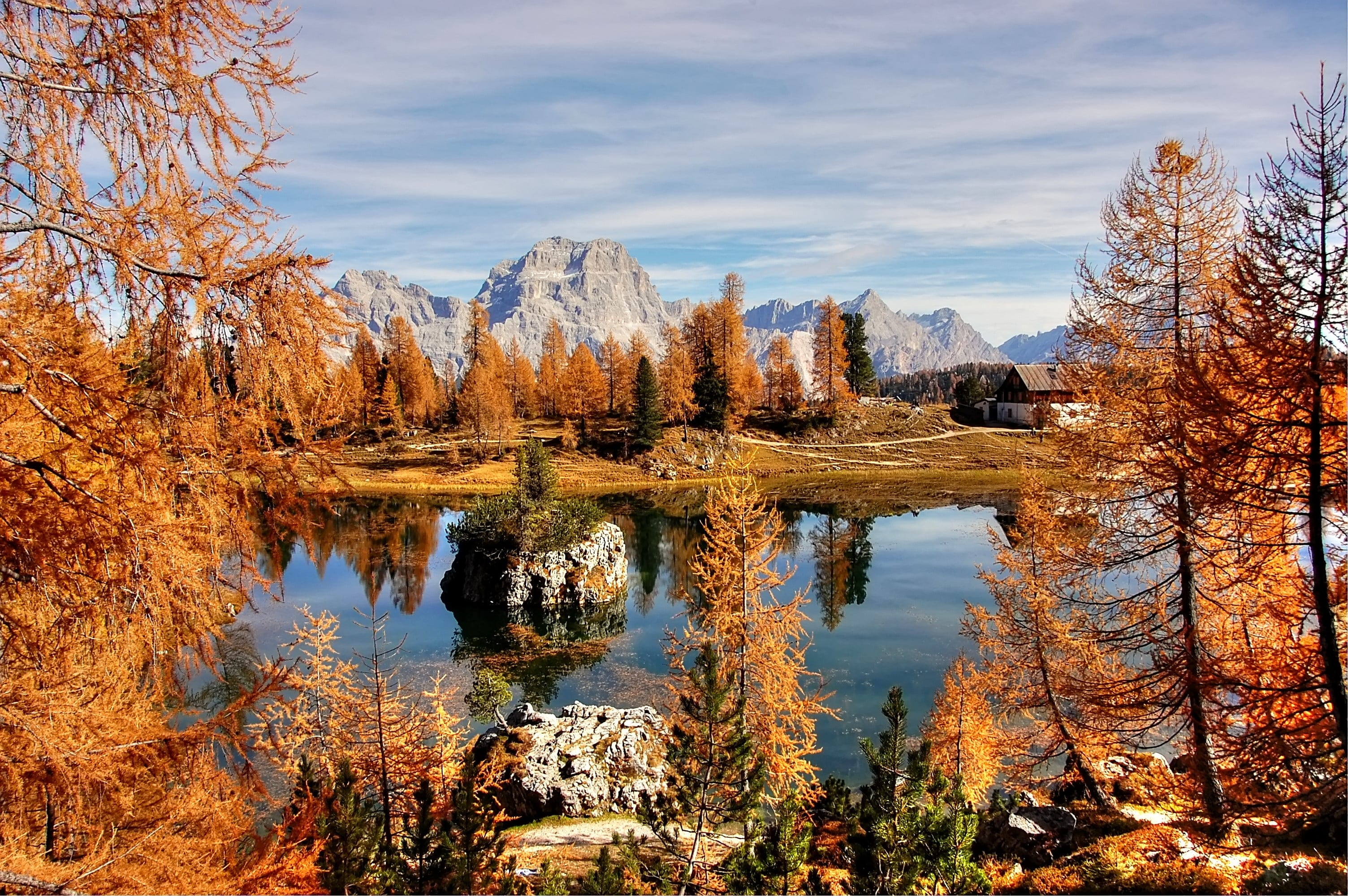 autumn, panorama, cloud - sky, land, landscape, beauty in nature, reflection, nature, clouds, idyllic, lago federa, karg, tranquility, water, alm, belluno, HD Wallpaper