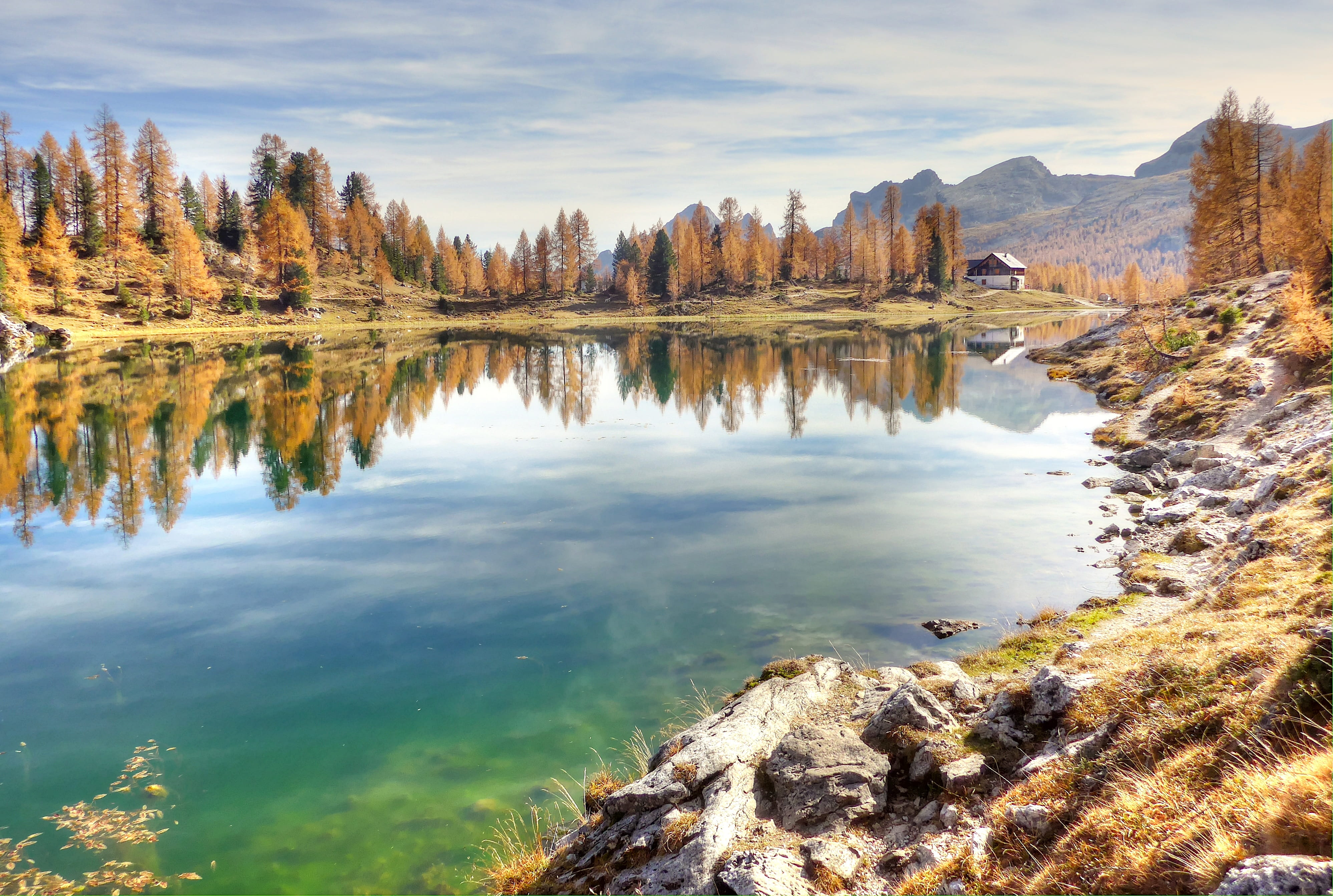 mountain, tranquility, day, no people, cloud - sky, solid, karg, tree, bergsee, landscape, alpine panorama, lake, sky, italy, mountains, reflection lake, HD Wallpaper