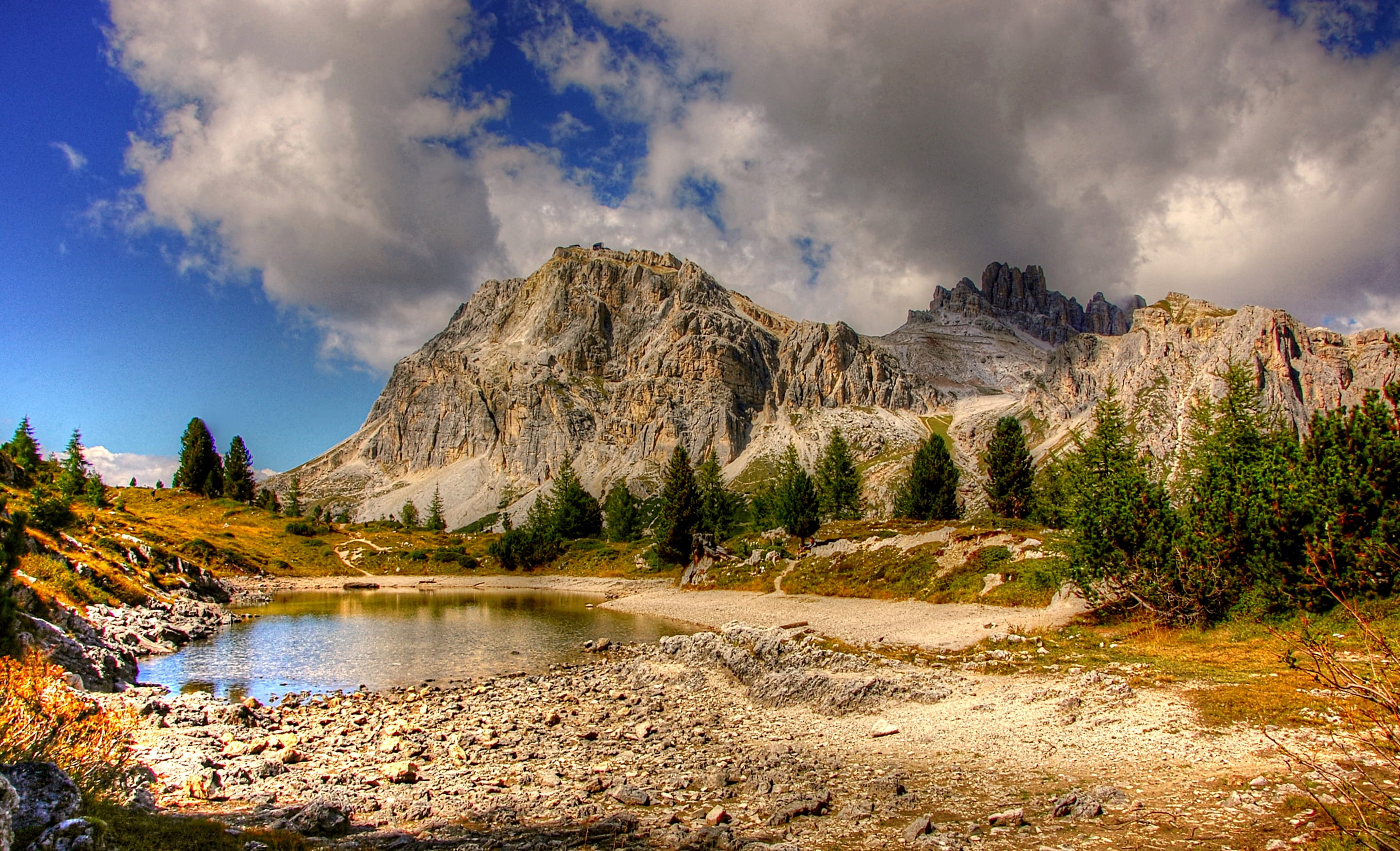 environment, clouds, scenics - nature, plant, nature, solid, lake, tofana, travel, eroded, bergsee, blue, rock, non-urban scene, beauty in nature, tree, HD Wallpaper
