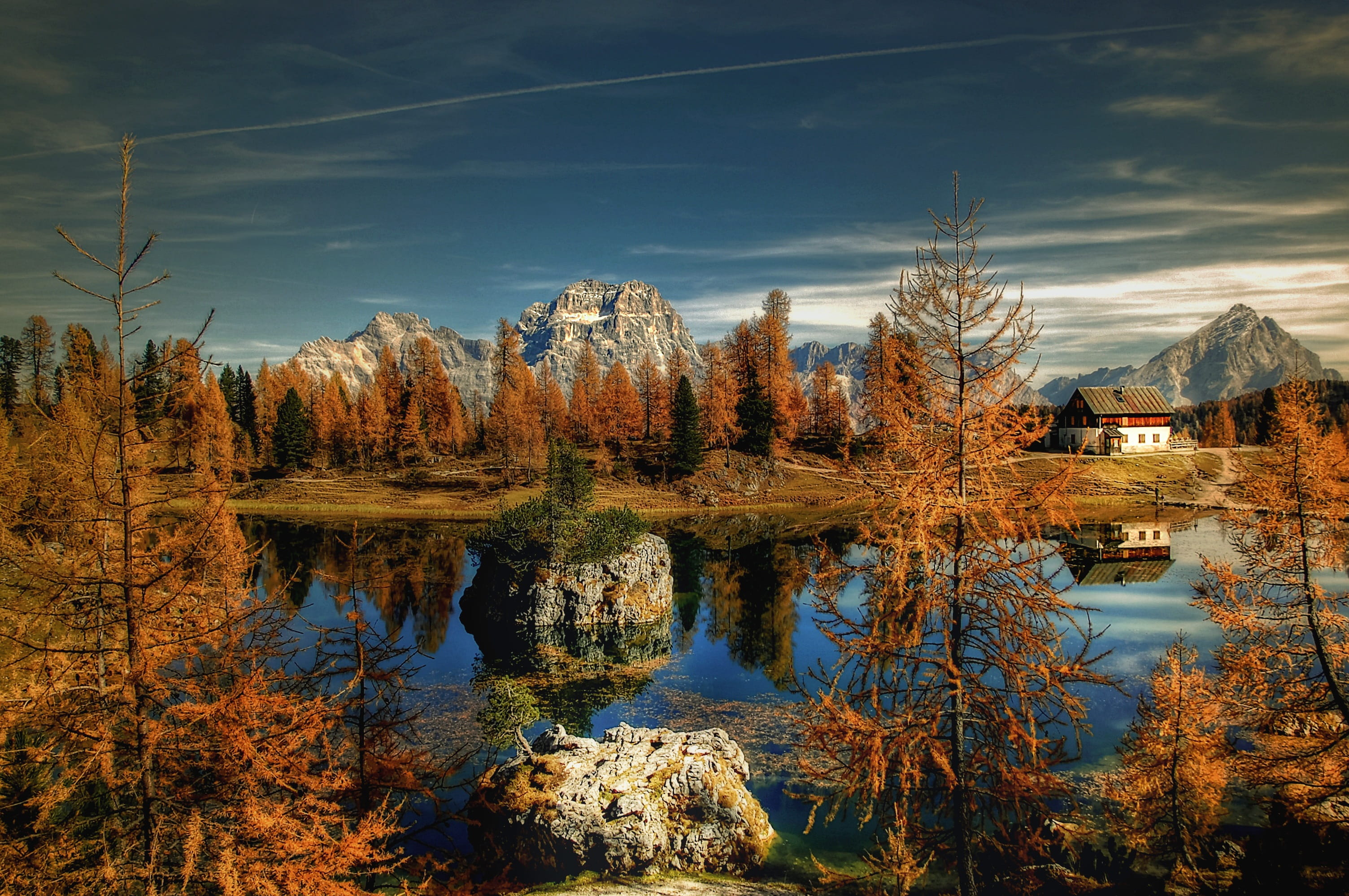 mood, evening, beauty in nature, autumn, belluno, scenics - nature, clouds, blue, tranquility, tree, outdoors, cloud - sky, no people, mountains, reflection, HD Wallpaper
