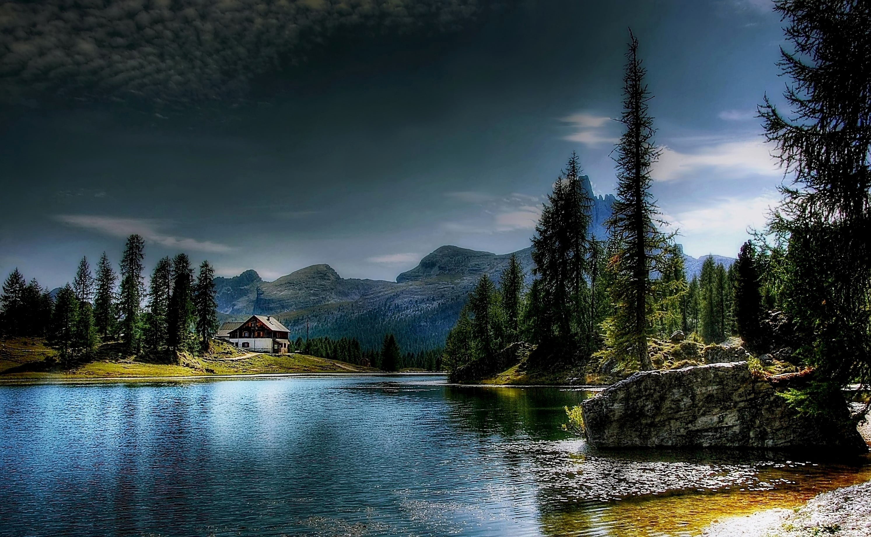 lago federa, italy, mountains, alpine, day, dolomites, light, plant, growth, clouds, coniferous tree, sky, rock, view, trees, near, hiking, waterfront, HD Wallpaper