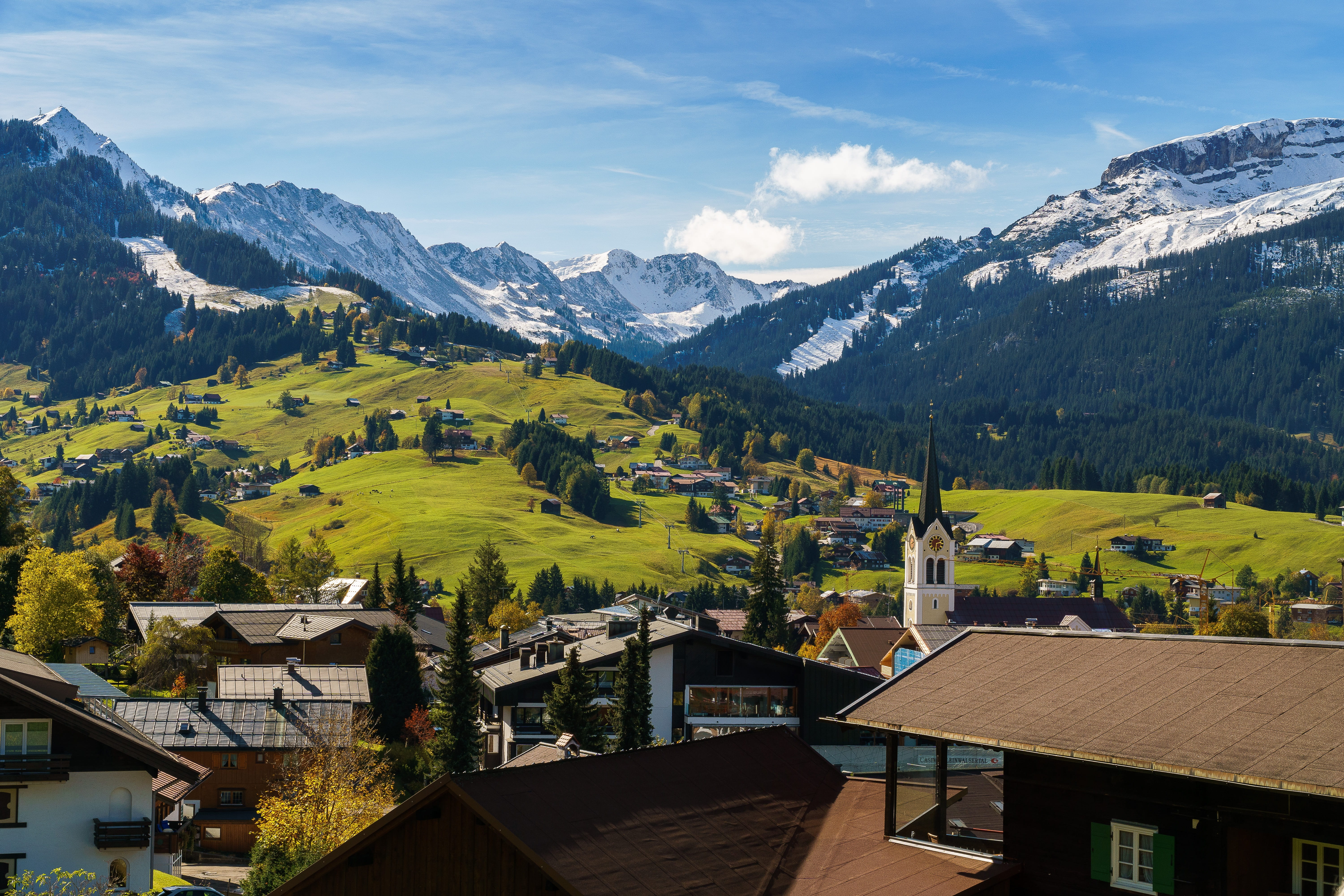 view, green, winter, environment, no people, mountains, sun, building, landscape, allgäu, beauty in nature, city, land, holiday, blue, alpine panorama, HD Wallpaper