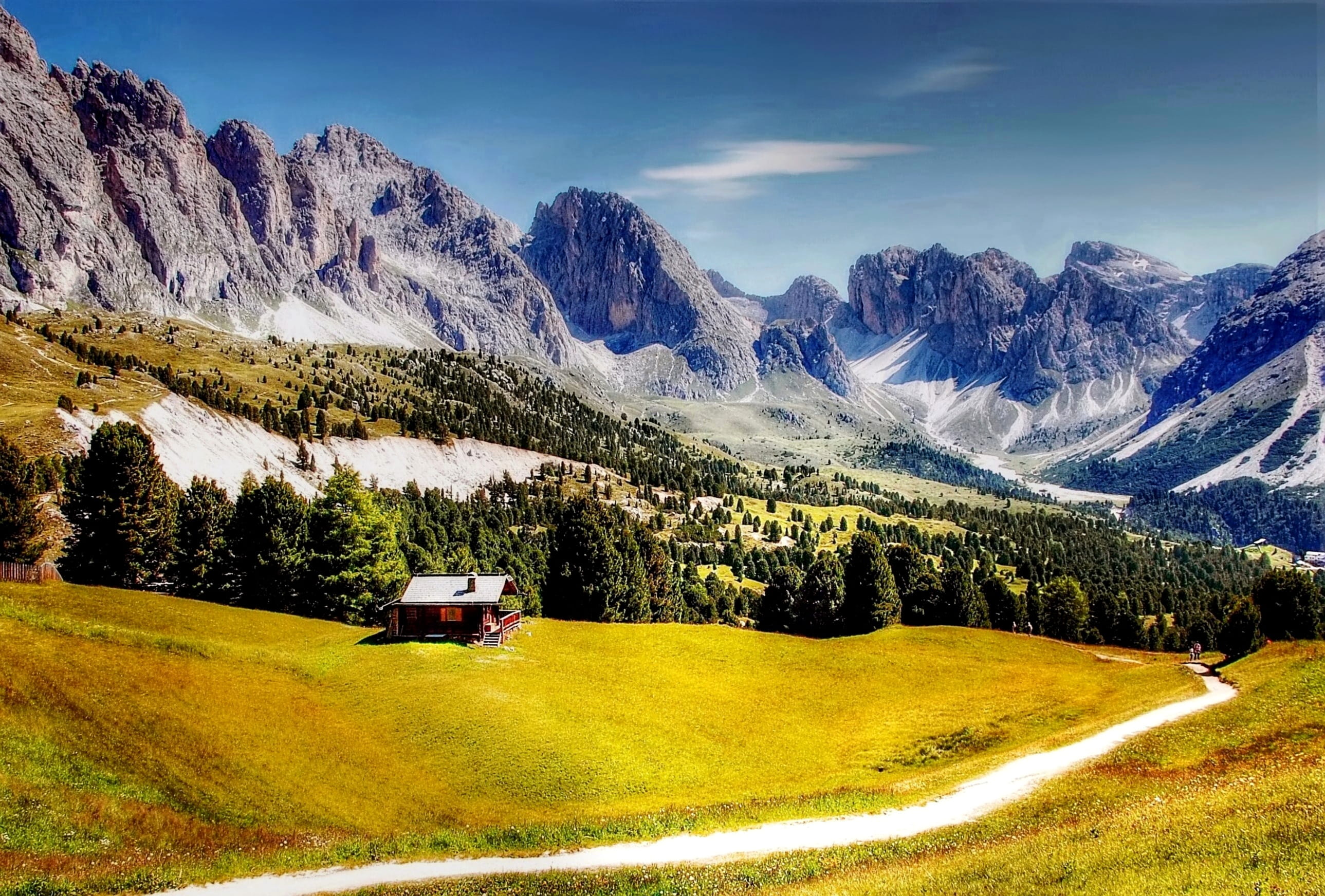 Nature, near, alpine, field, environment, south tyrol, mountain peak, daytime, rock, coniferous tree, plant, hut, snow, sky, day, view, baume, mountain range, HD Wallpaper