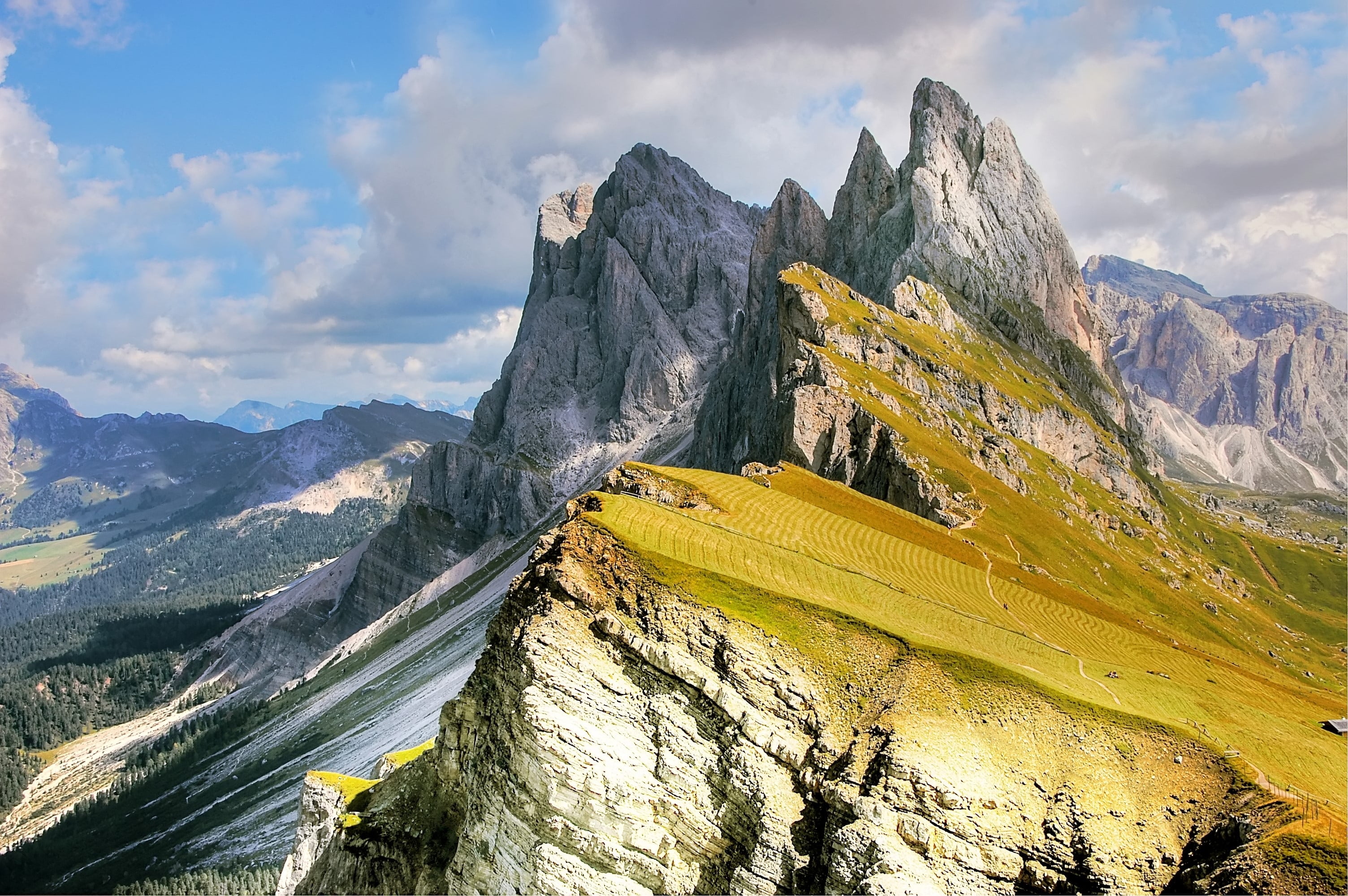 high mountains, hike, unesco world heritage, south tyrol, sunlight, italy, high, solid, wall, mountains, rocky mountains, cloud - sky, rubble field, mountain peak, HD Wallpaper