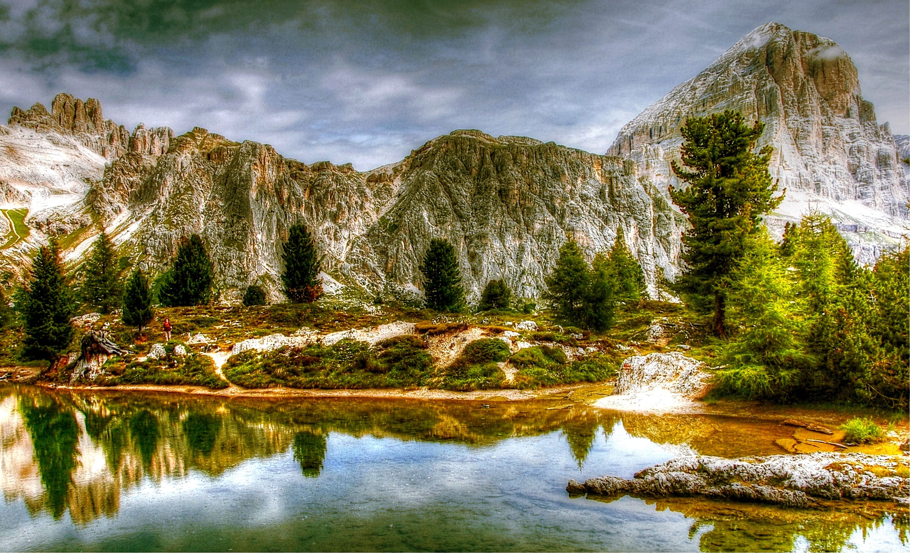 tree, 2K, unesco world heritage, hike, belluno, sky, view, Mountains, mountain world, panorama, rubble field, Tofane, rock - object, rock, waterfront, HD Wallpaper