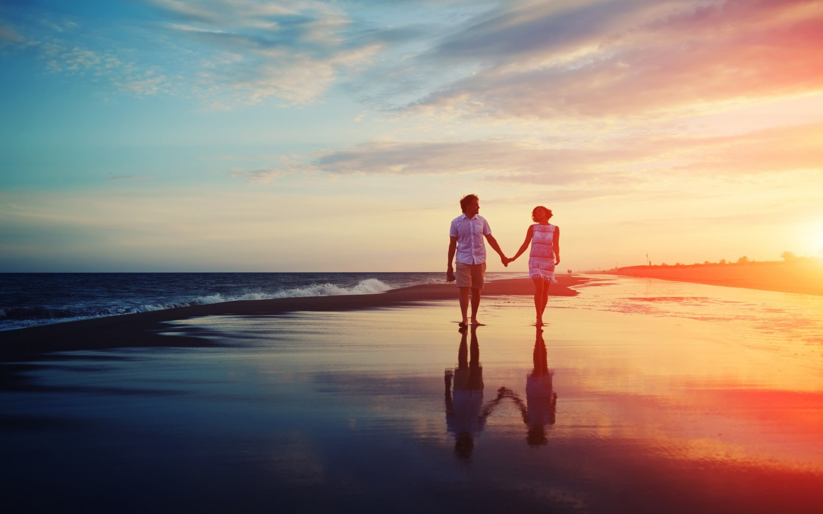 clouds, sunset, life, sea, love, people, shadow, couple, 720P, sun rays, walking, photography, happiness, HD Wallpaper