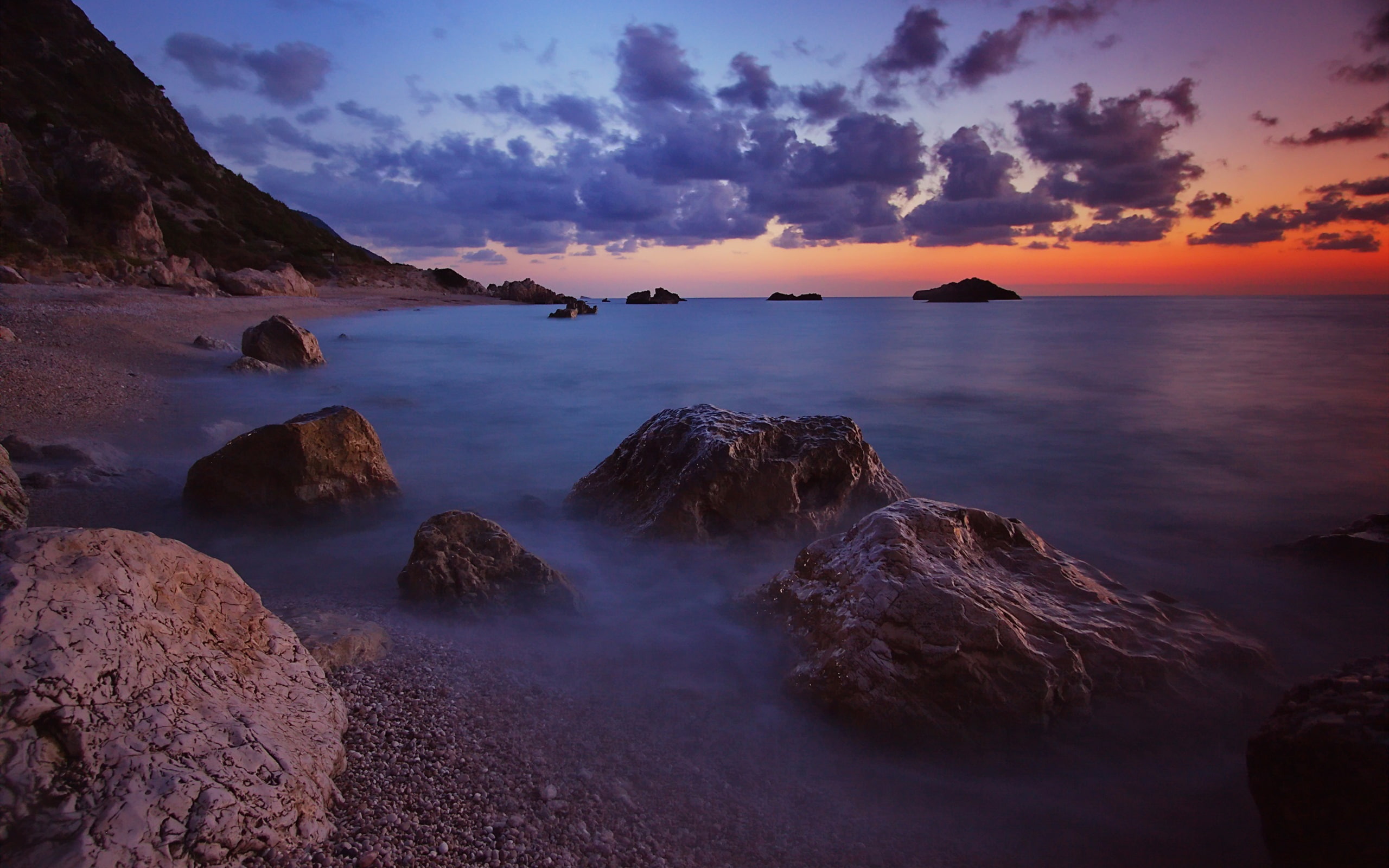 Beach, Evening, Sunset, Sea, 2K, Clouds, Horizon, Stones, Waves, HD Wallpaper