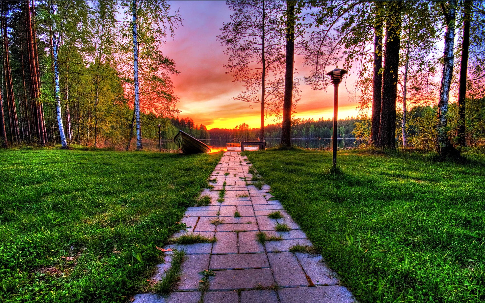 Sunset, Sky, HDR, Trees, Road, Forest, Landscape, Clouds, Boat, 1080P, Lake, HD Wallpaper