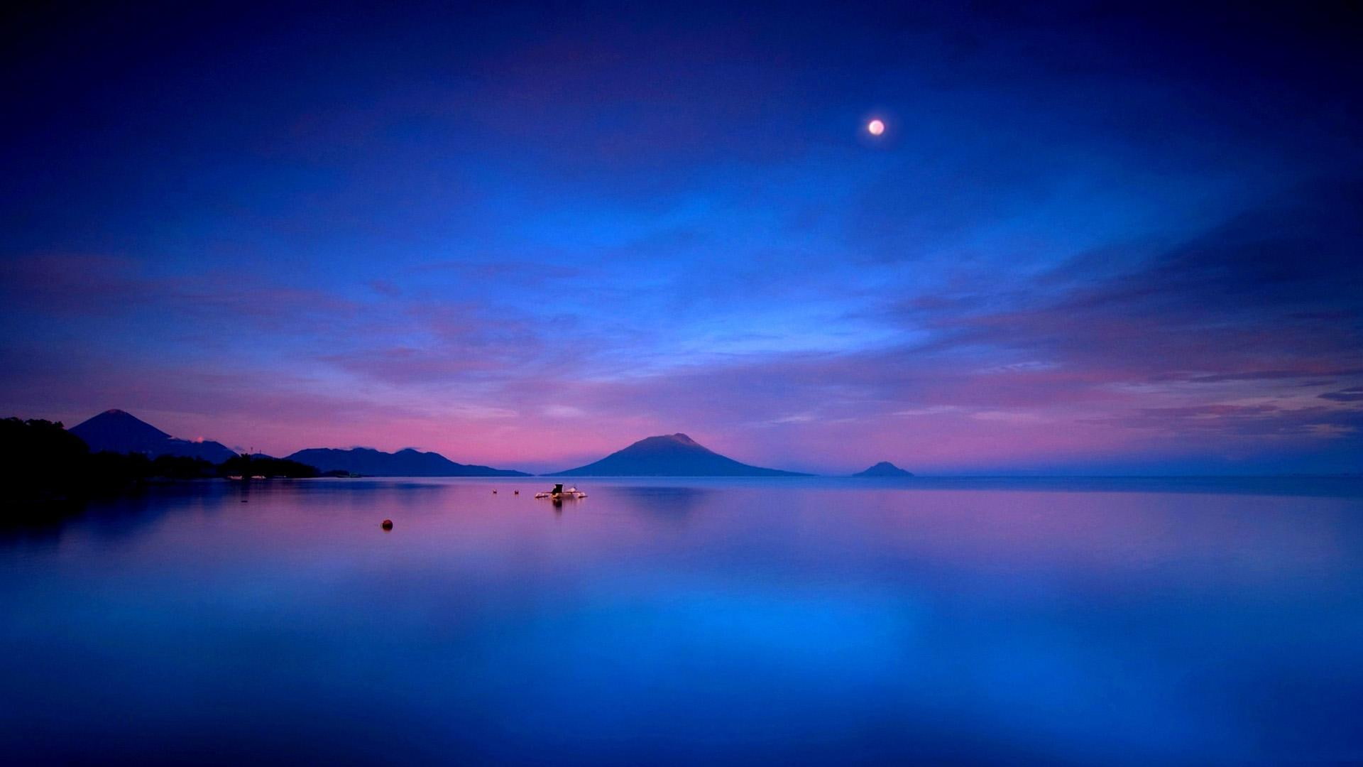 sunset, moon, blue water landscape pictures desktop, blue, pictures, water, 1080P, landscape, lake, mountains, desktop, HD Wallpaper
