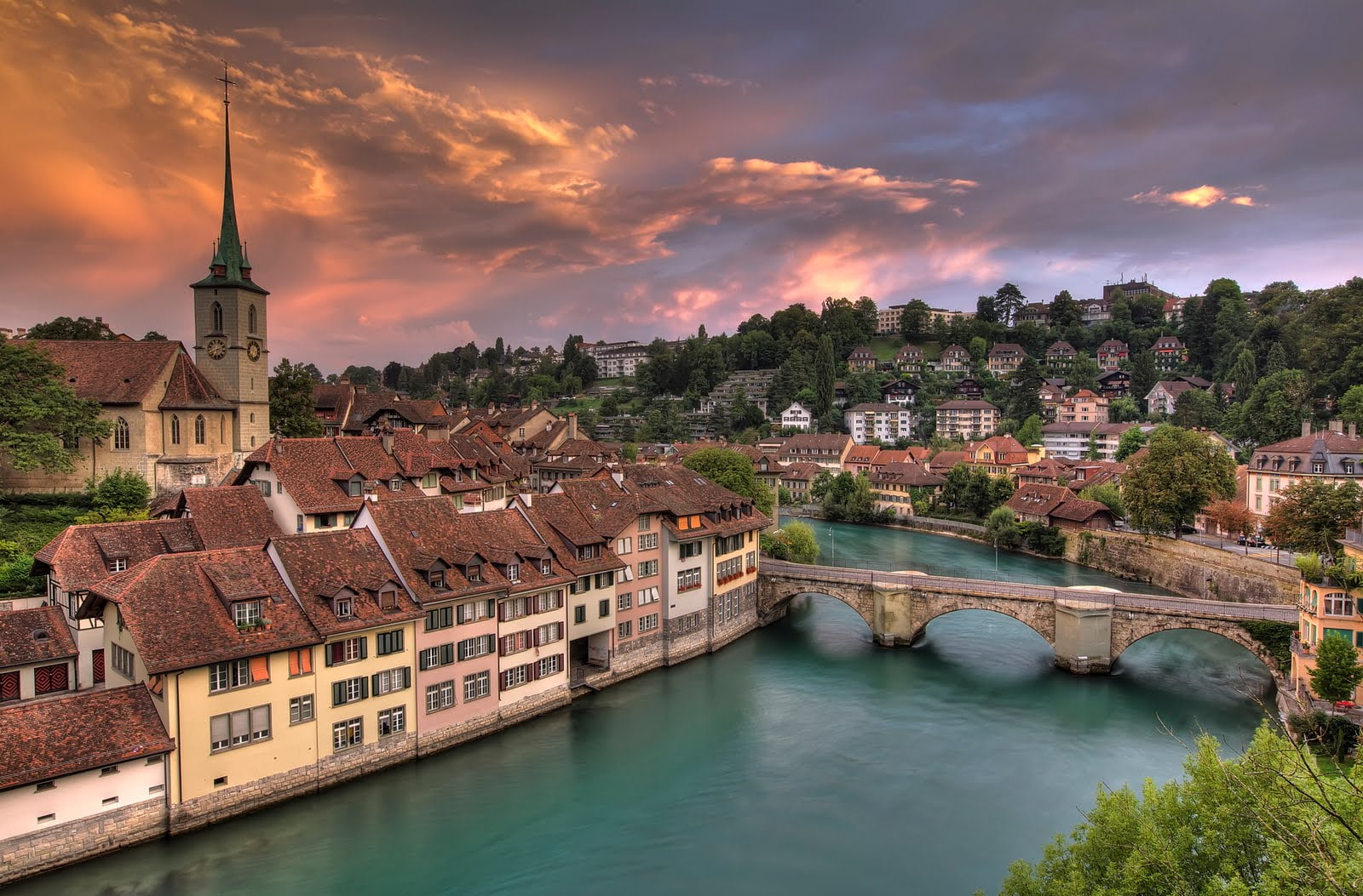 720P, photography, lake, clouds, buildings, bridge, sunset, switzerland, trees, city, houses, landscape, HD Wallpaper