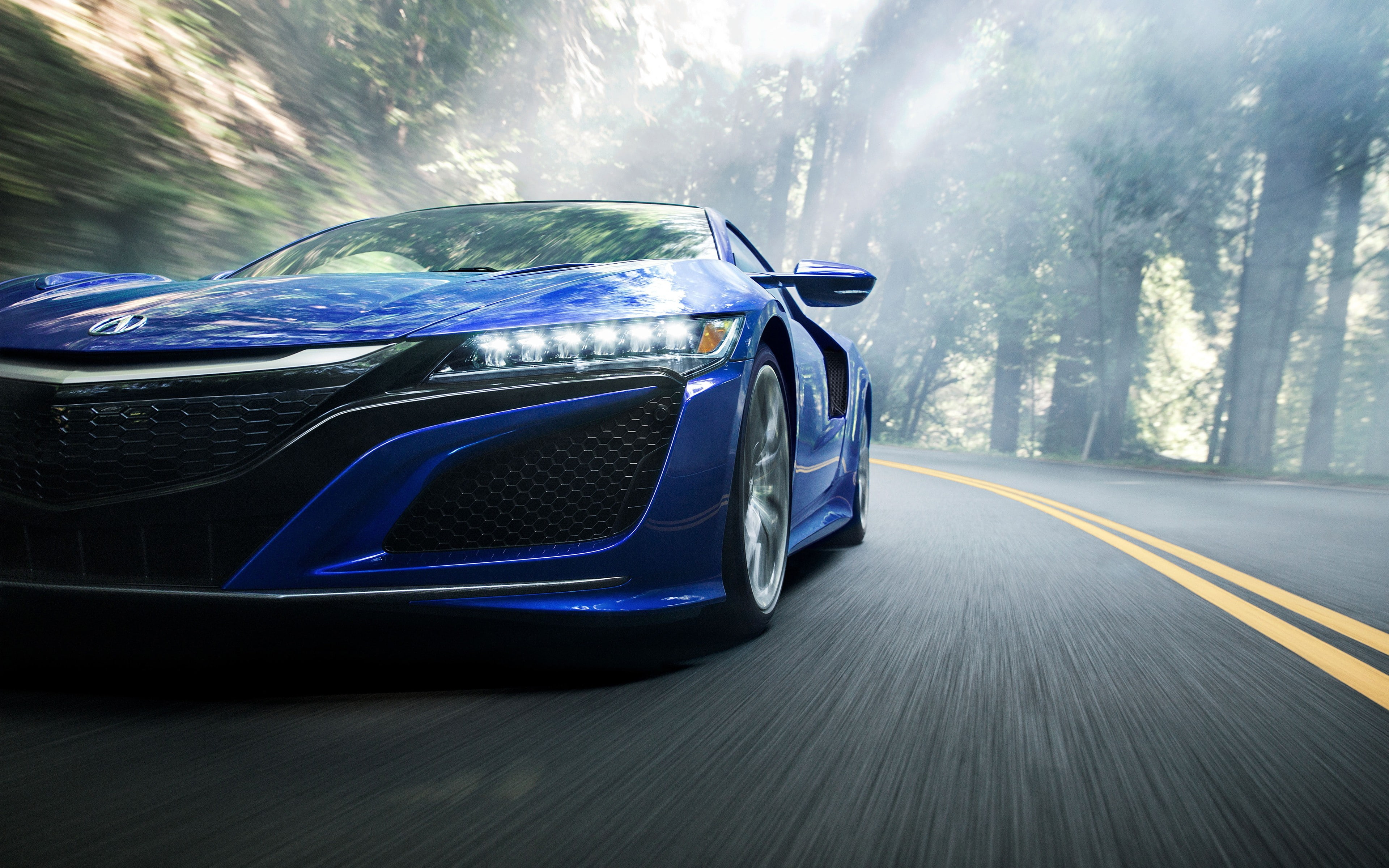 mode of transportation, mist, blurred motion, wheel, reflection, no people, Acura NSX, vehicle, outdoors, luxury, car, blue, travel, day, nature, land vehicle, HD Wallpaper