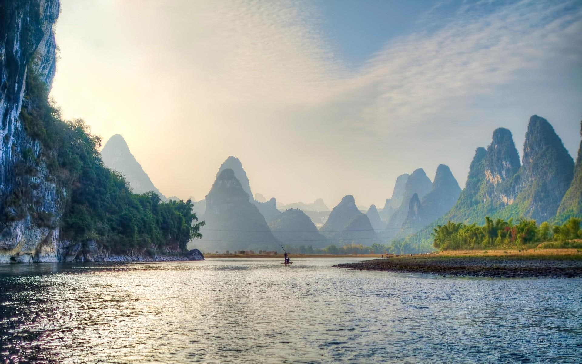 1080P, river, clouds, mountains, shaped, nature and landscapes, hdr, gorgeous, along, cone, boat, HD Wallpaper