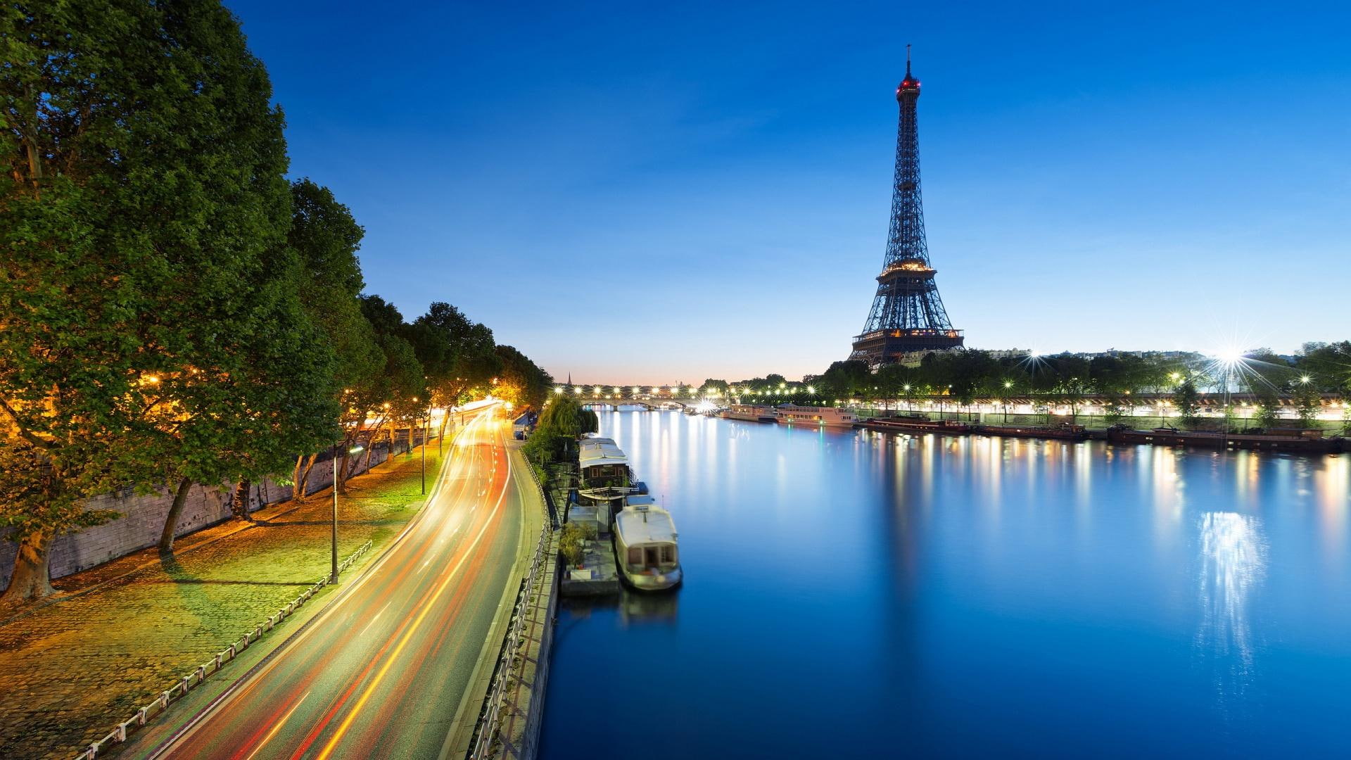 nature and landscapes, river, road, lights, city, tower, 1080P, seine, eiffel, along, HD Wallpaper