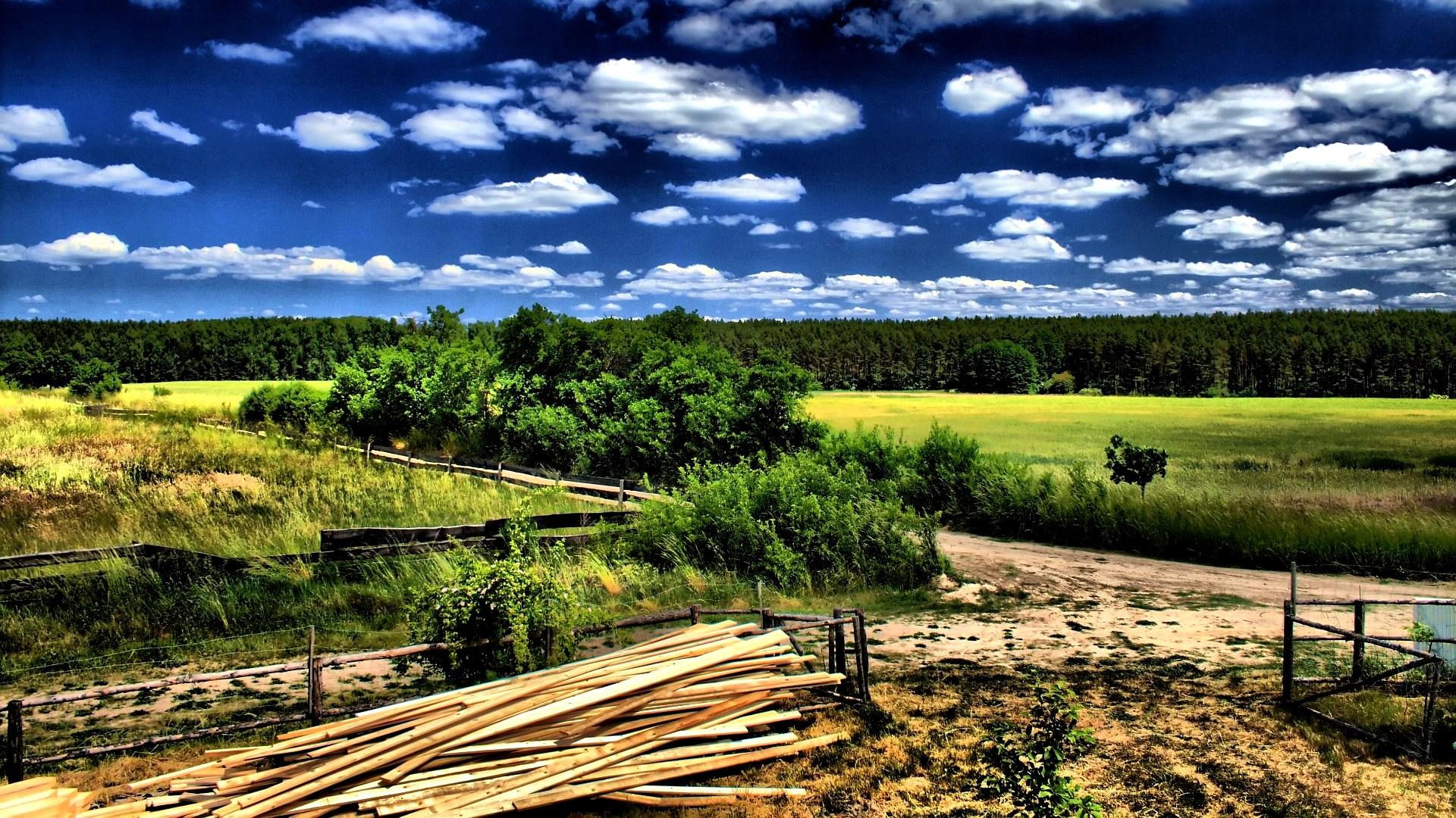 yard, nature and landscapes, trees, hdr, white, countryside, clouds, landscape, fields, greenfields, 1080P, lumber, photo, HD Wallpaper