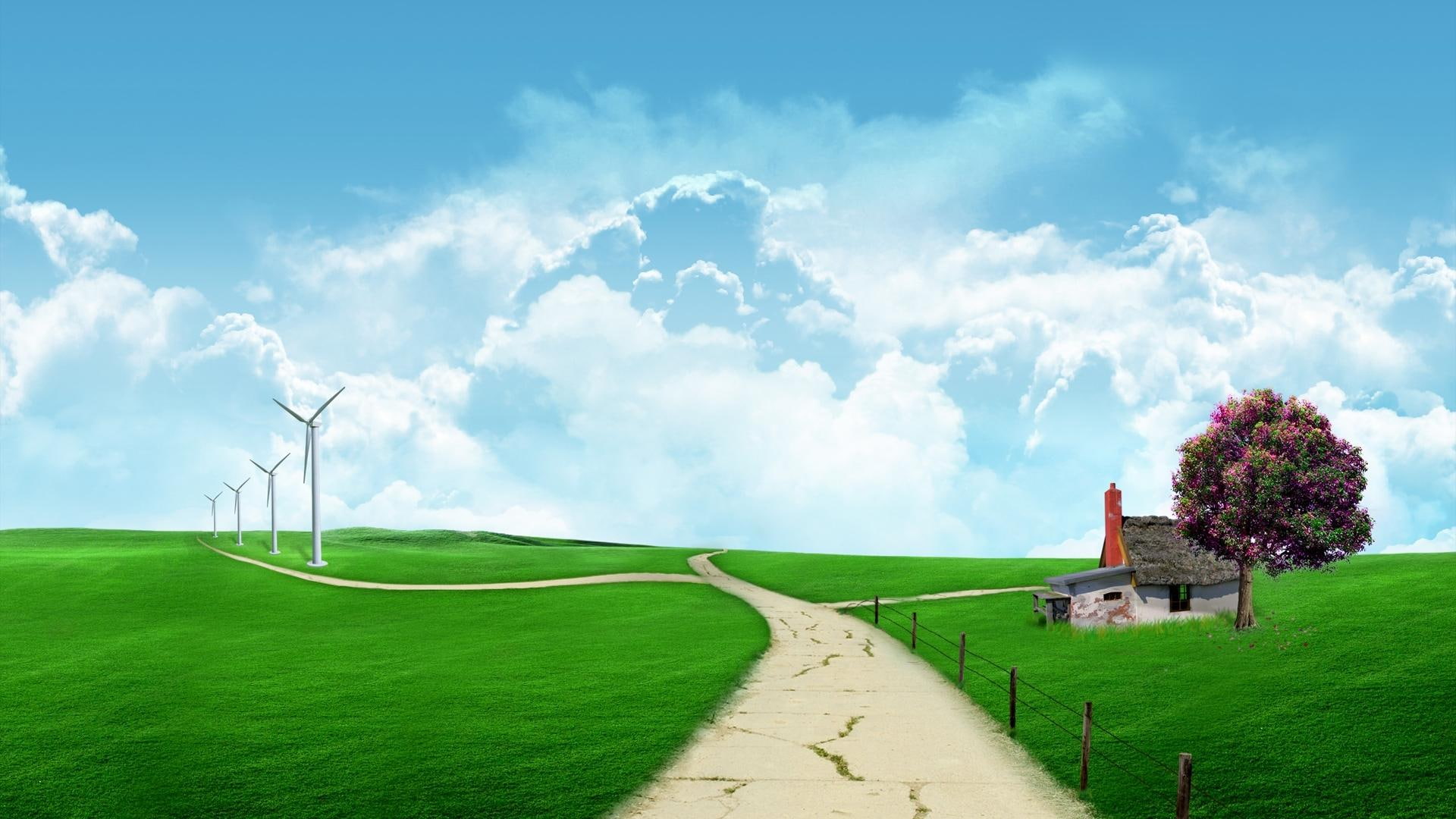 field, green, 1080P, street, 3d and abstract, greenfields, HD Wallpaper