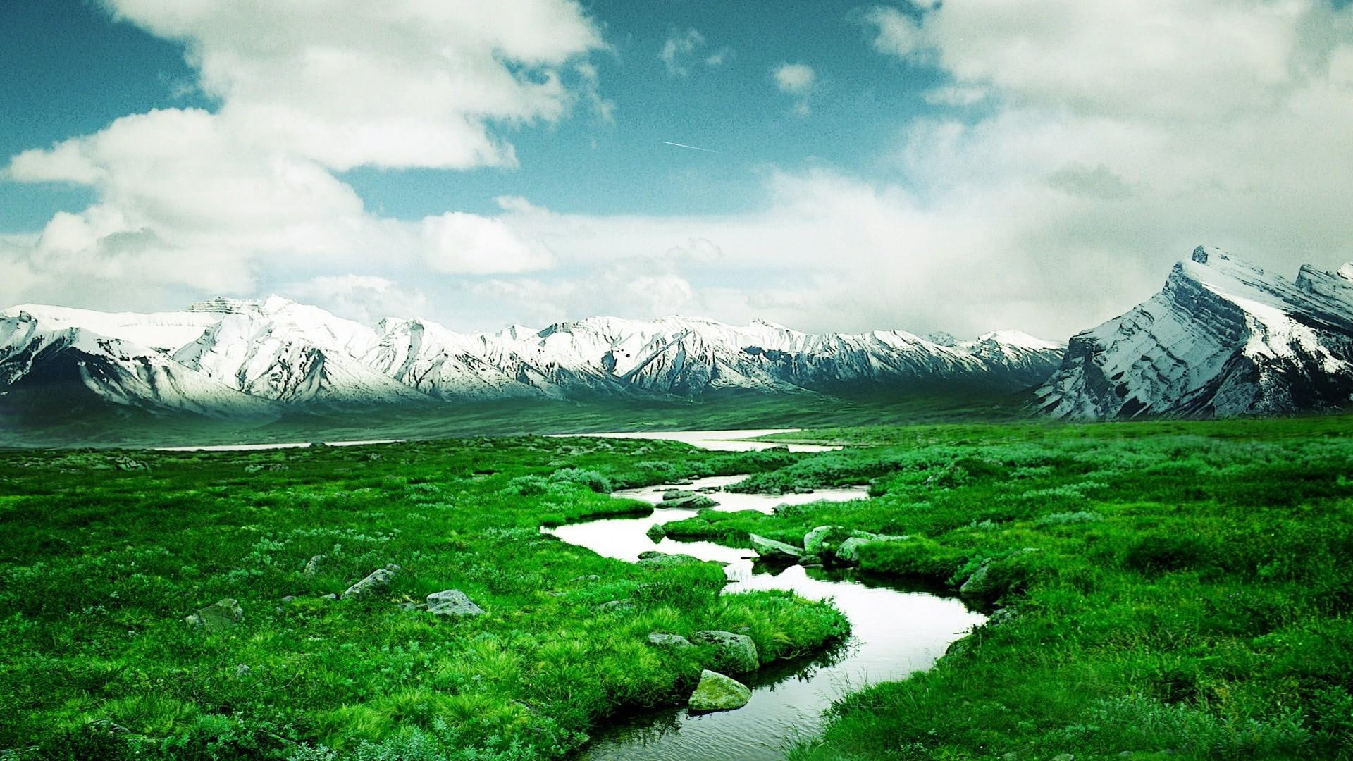 field, greenfield, brook, creek, clouds, mountains, 1080P, HD Wallpaper