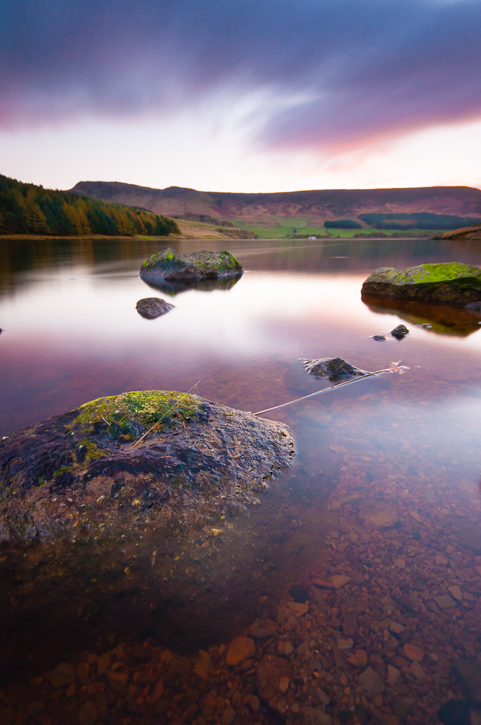 sunset, summer, Reservoir, Nikon D5000, B+W, United Kingdom, clouds, outdoors, forest, wideangle, moss, Peak District, 20mm, blur, ND filter, England, reservoir  rocks, Phone HD Wallpaper