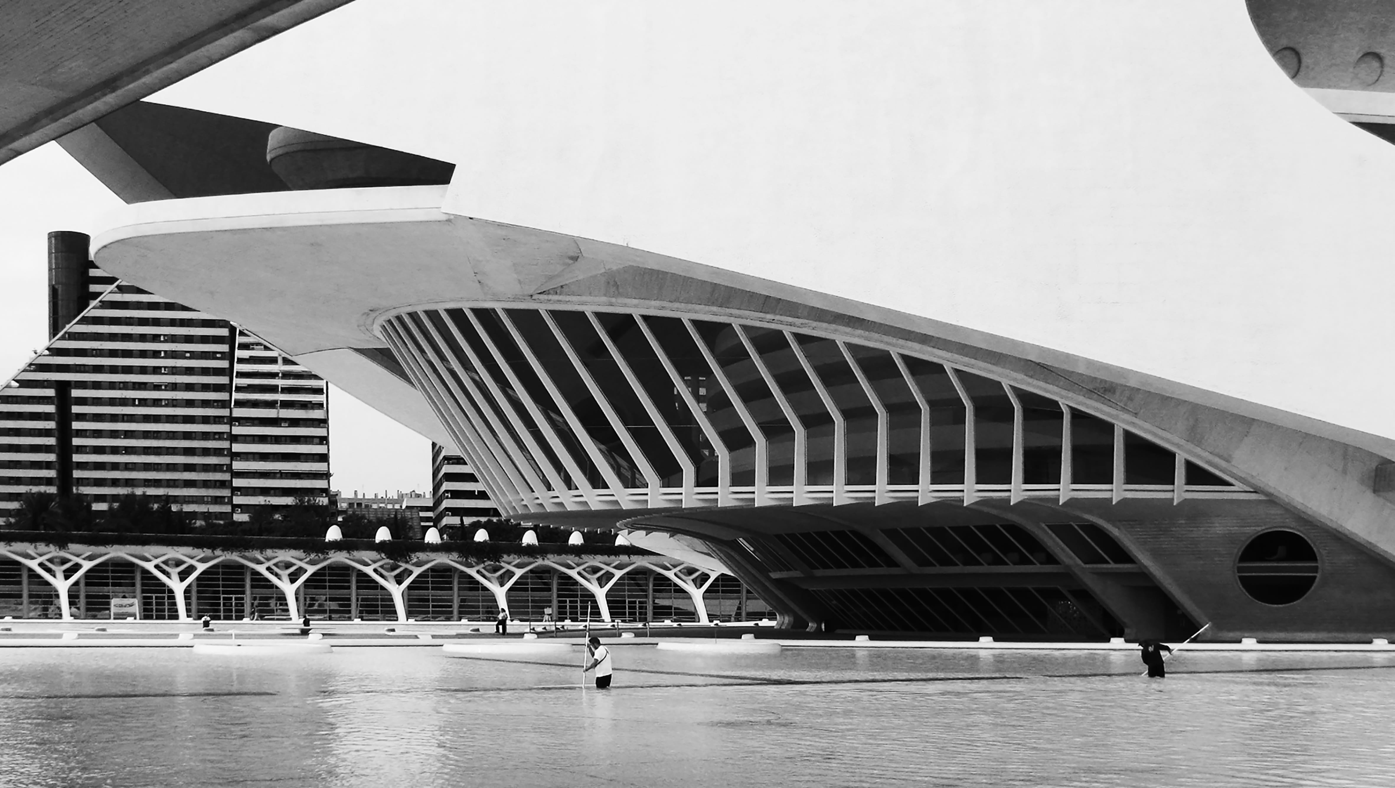 water, architecture organic, 4K, outdoors, black and white, clear sky, landscaping, calatrava, built structure, connection, architecture, mass, arch bridge, HD Wallpaper