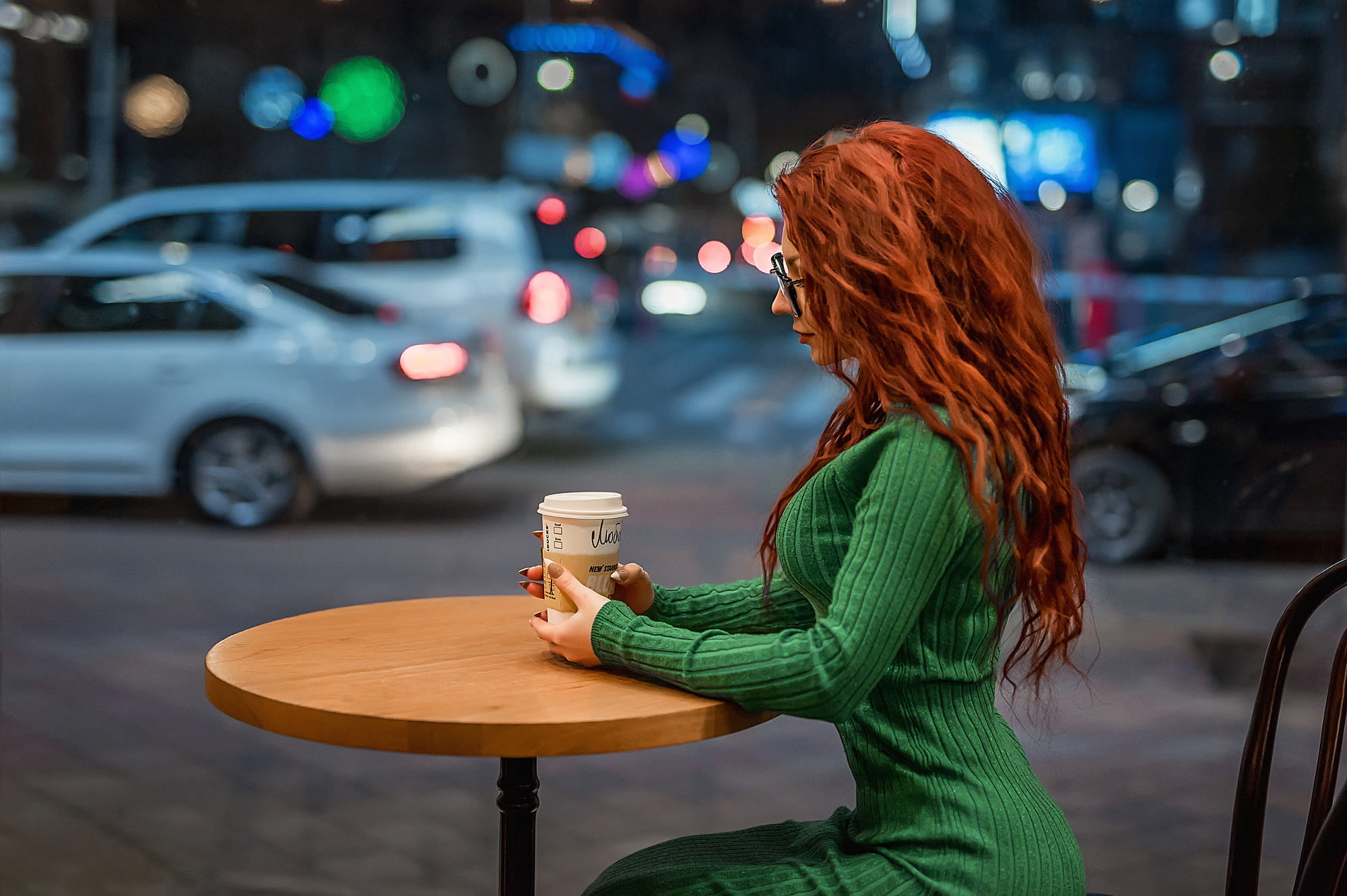 women, redhead, 500px, coffee, model, dress, arched back, car, Georgy Dyakov, depth of field, 1080P, HD Wallpaper
