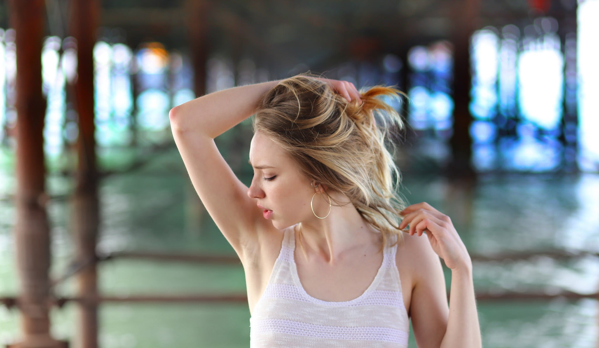 women, long hair, closed eyes, brunette, real people, women outdoors, beauty, hair, arms raised, standing, young adult, hairstyle, one person, pale, blond hair, HD Wallpaper