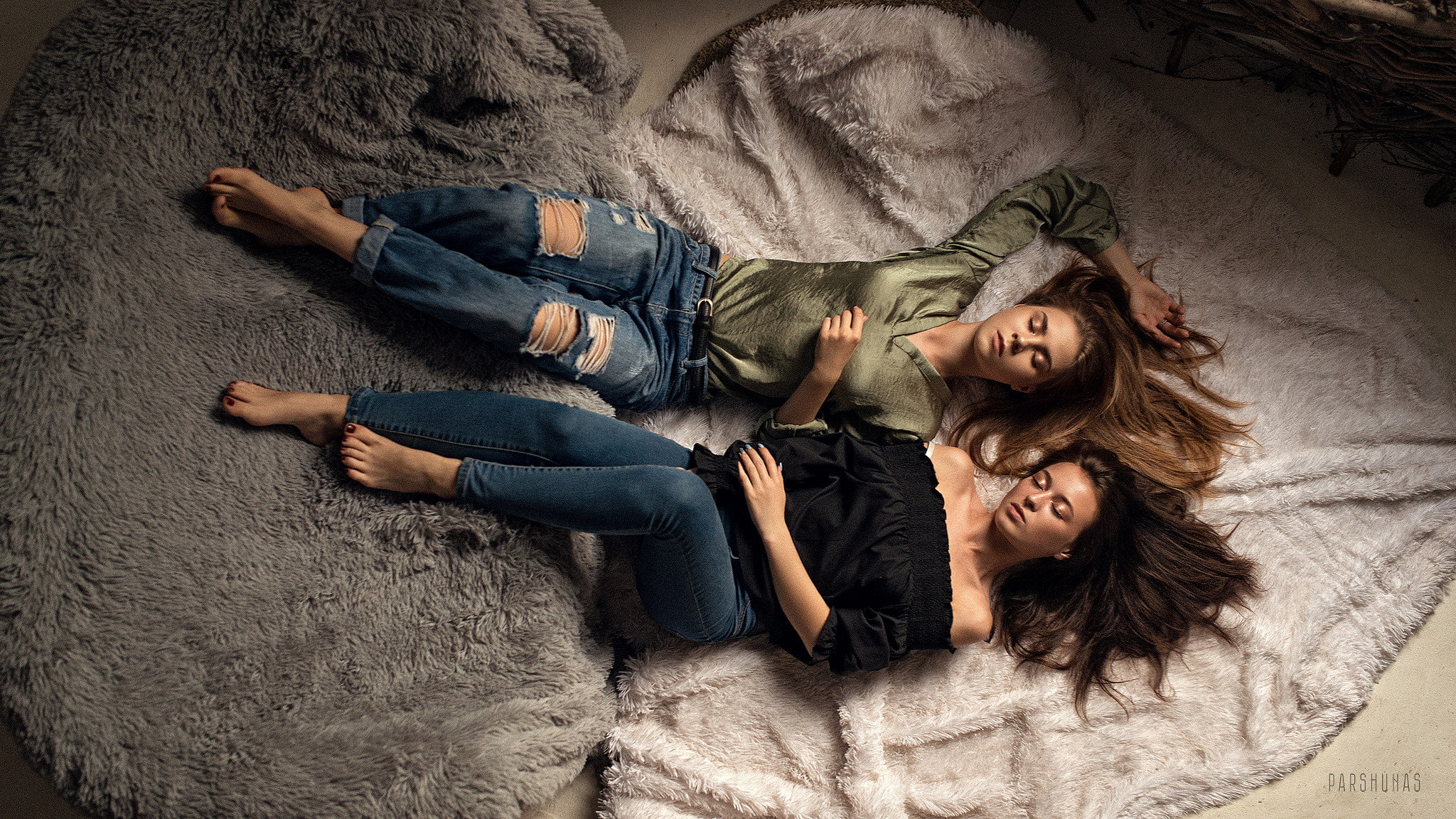 women, blonde, Anton Parshunas, brunette, lying on back, denim, jeans, barefoot, closed eyes, torn jeans, 1080P, HD Wallpaper