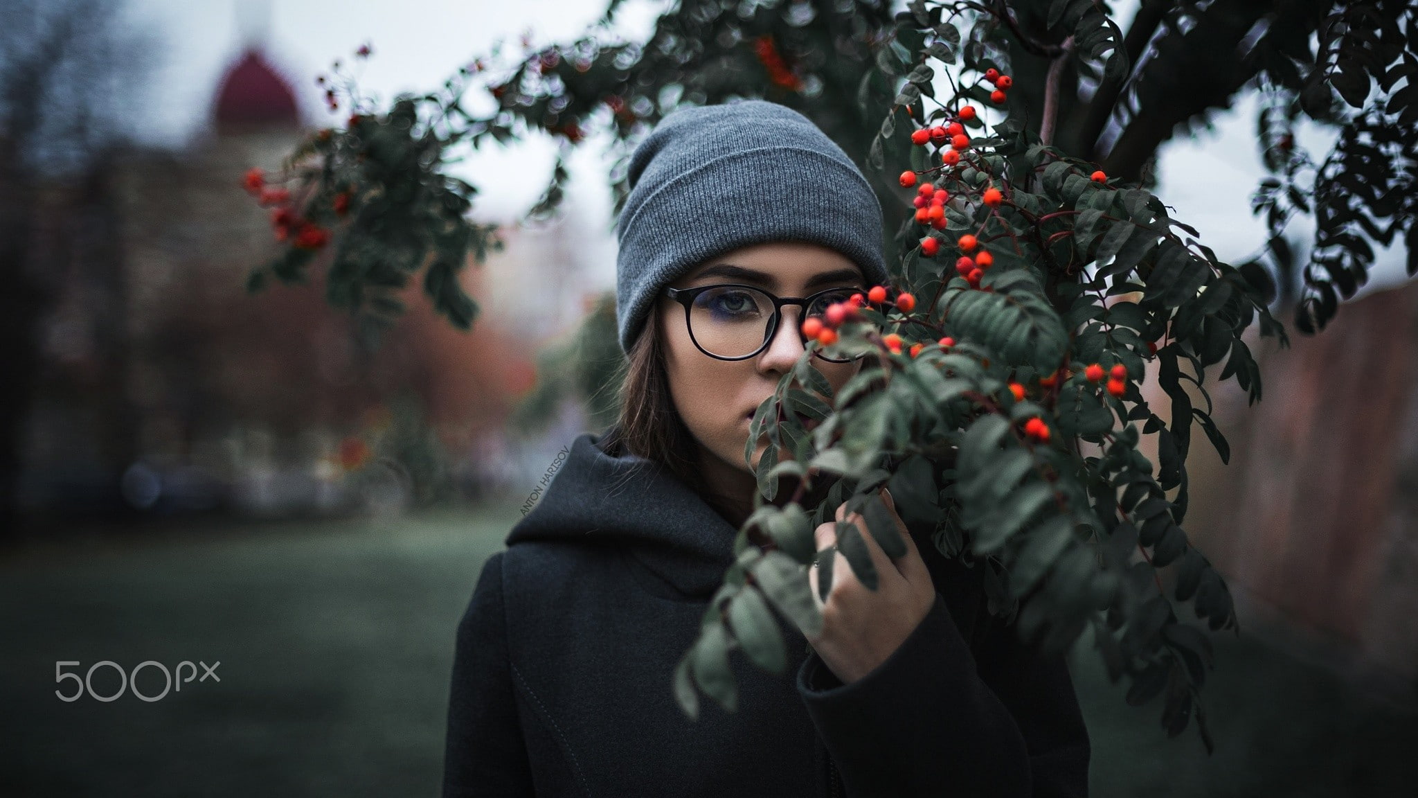 500px, sweater, 1080P, depth of field, trees, black coat, glasses, Fotoshi Toshi, Elena Borisova, portrait, women with glasses, women, HD Wallpaper