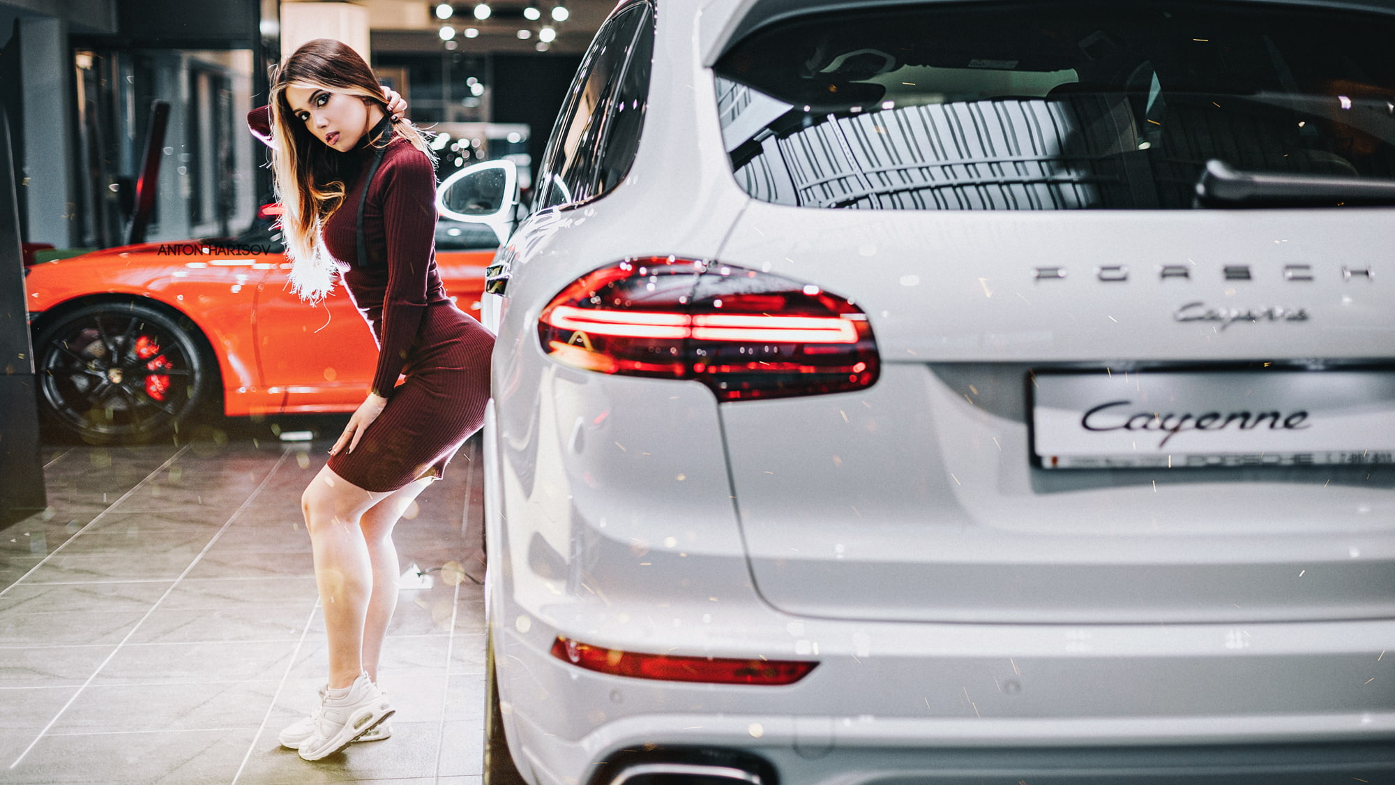 blonde, car, red, transportation, luxury, Porsche, Fotoshi Toshi, sneakers, mid adult, choker, one person, young adult, Maria Vasilieva, land vehicle, dress, HD Wallpaper