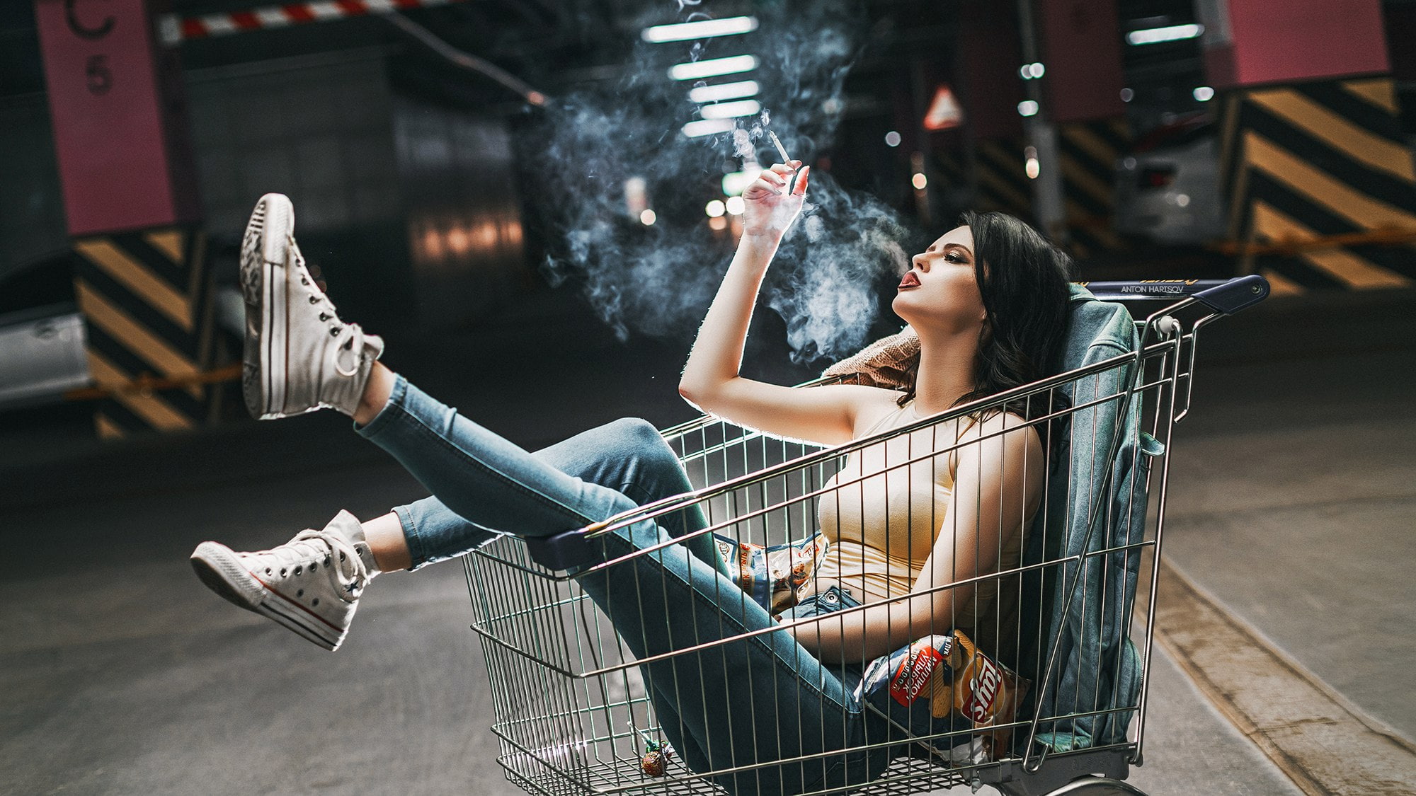 1080P, cigarettes, Converse, smoke, Fotoshi Toshi, Anton Harisov, sneakers, jeans, pants, women, HD Wallpaper