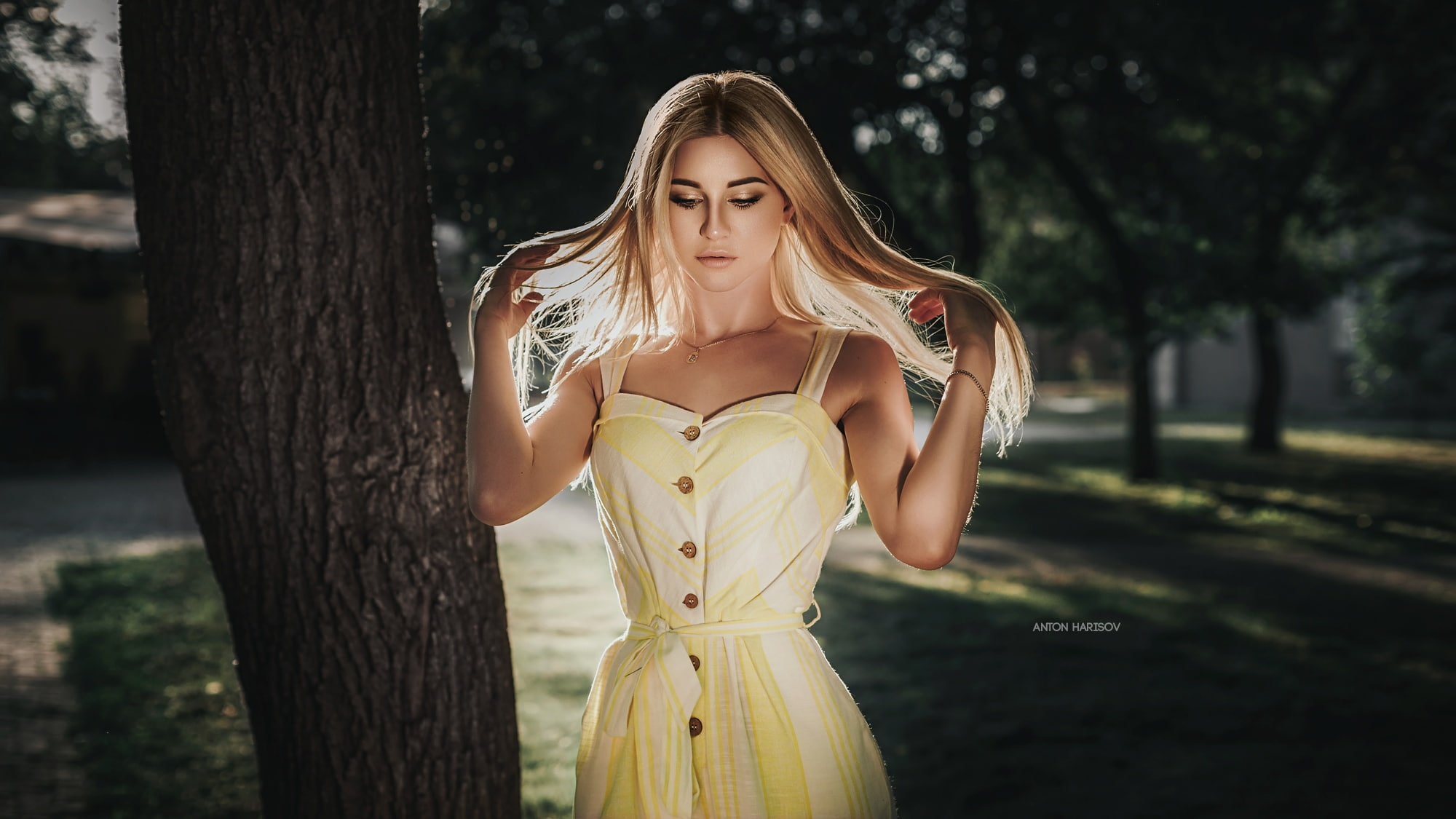 portrait, yellow dress, blonde, long hair, focus on foreground, one person, trees, beautiful woman, fashion, three quarter length, outdoors, young women, HD Wallpaper