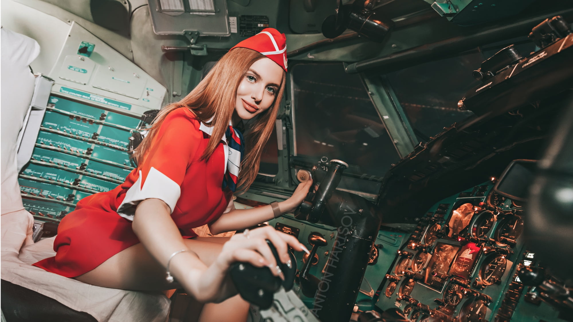 women, cockpit, red dress, 1080P, red, smiling, Anton Harisov, brunette, stewardess, sitting, portrait, planes, HD Wallpaper