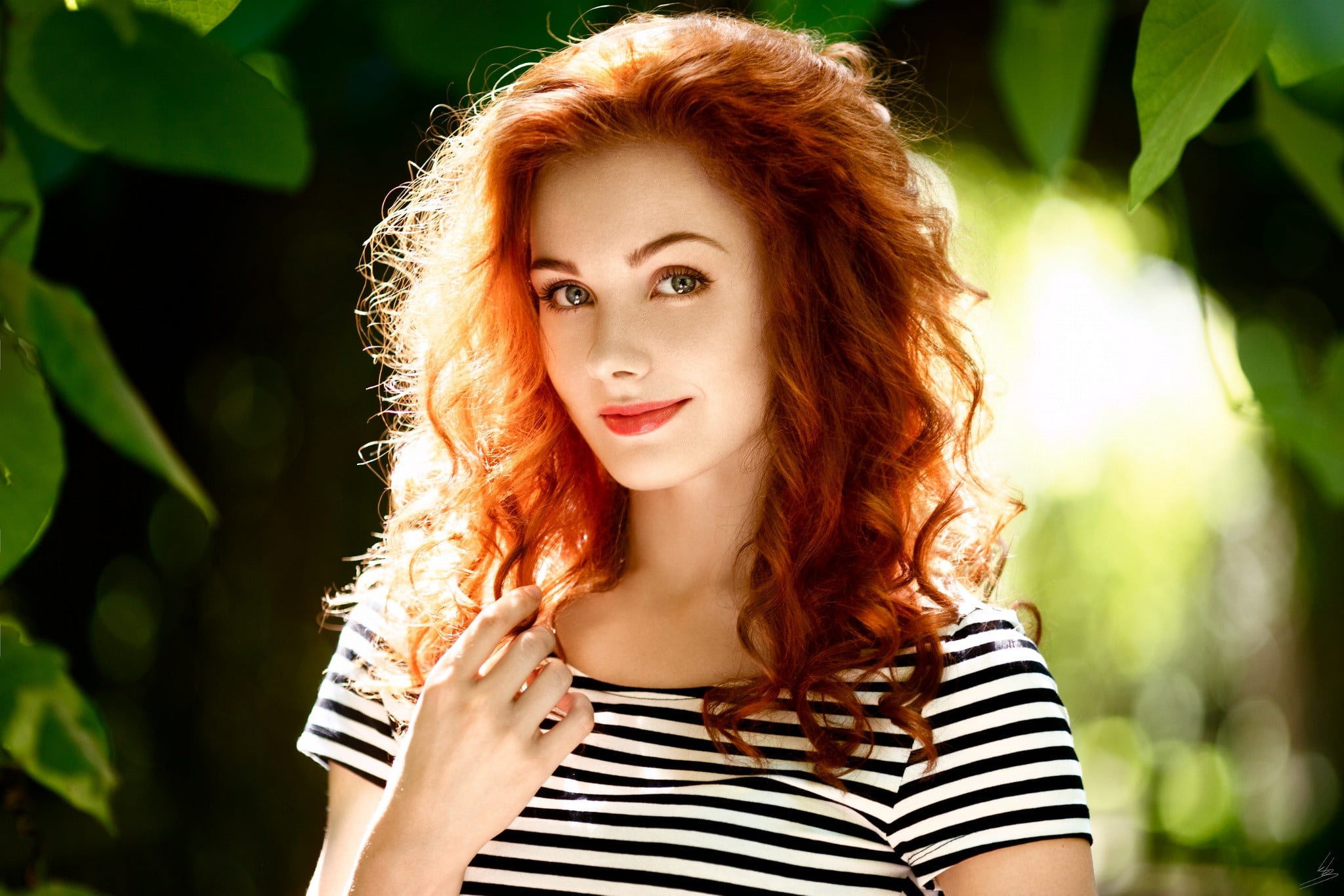T-shirt, nature, portrait, looking at viewer, face, real people, young adult, smiling, adult, curly hair, one person, dyed red hair, looking at camera, HD Wallpaper
